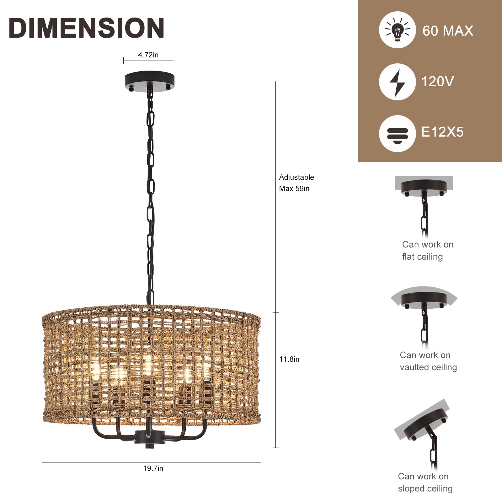 YOMECOO Hand-Woven Rattan Chandelier, Vintage 5-Light Drum Fixture, Black, 19.7" for Dining Room, Kitchen, Living Room, Model MD206-hei