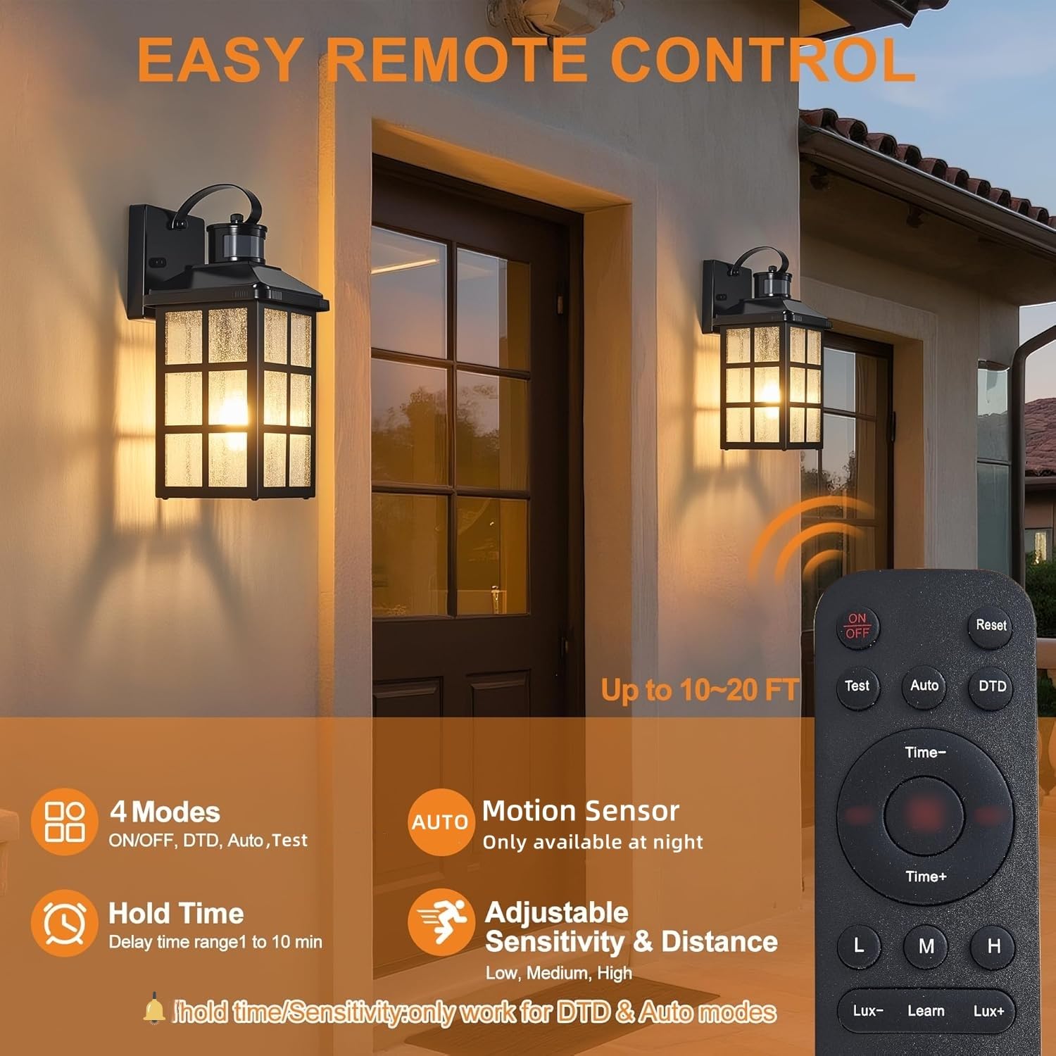 YJXGDIL Motion Sensor Outdoor Wall Lights, Weatherproof, Black, Remote Control, 4 Lighting Modes, 1 Pack, Model H2012-1B-RW
