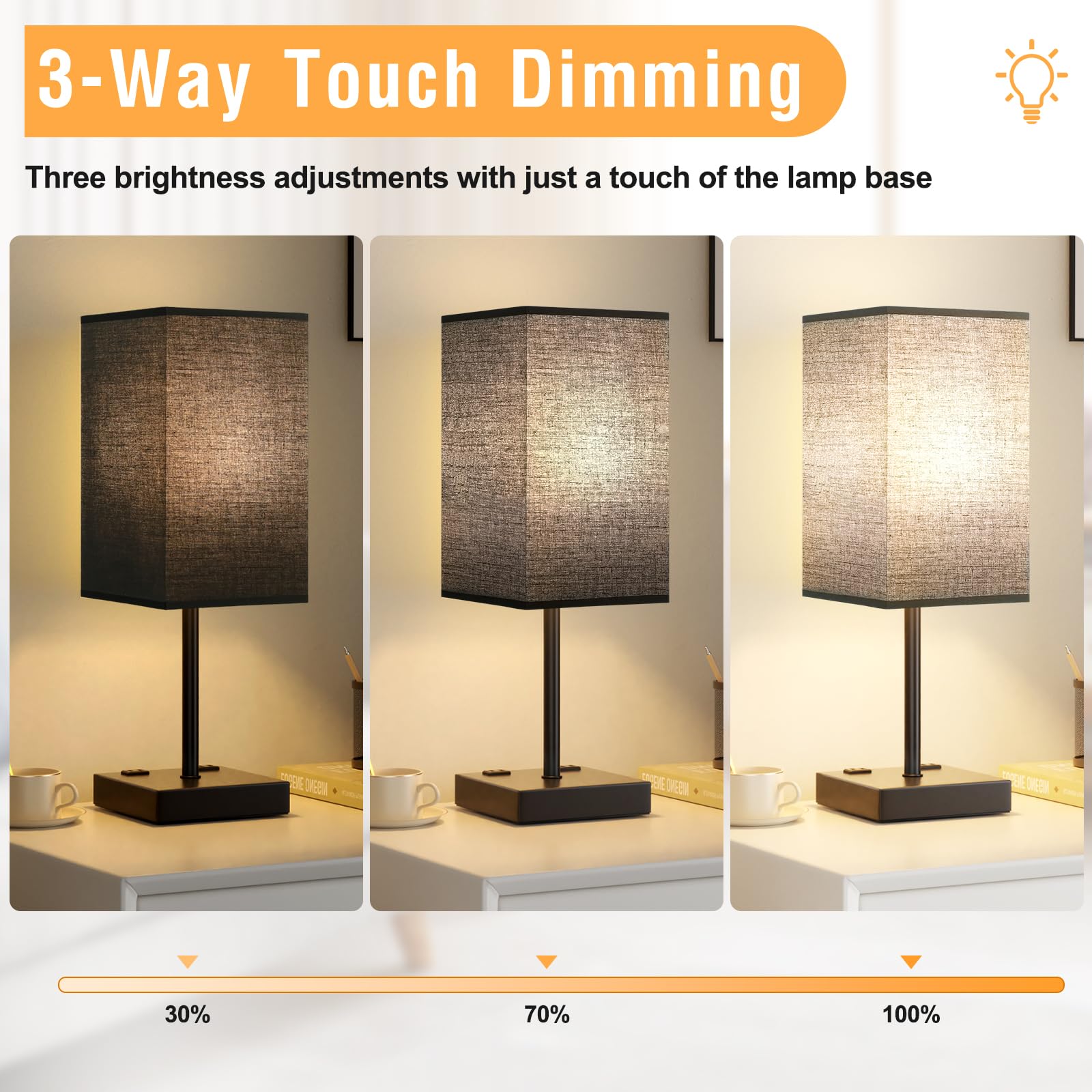 Plus Black Bedside Lamp For Nightstand - Touch Table Lamp With Type C + A And Ac Outlet, Square Charging Lamps For Bedroom Decor