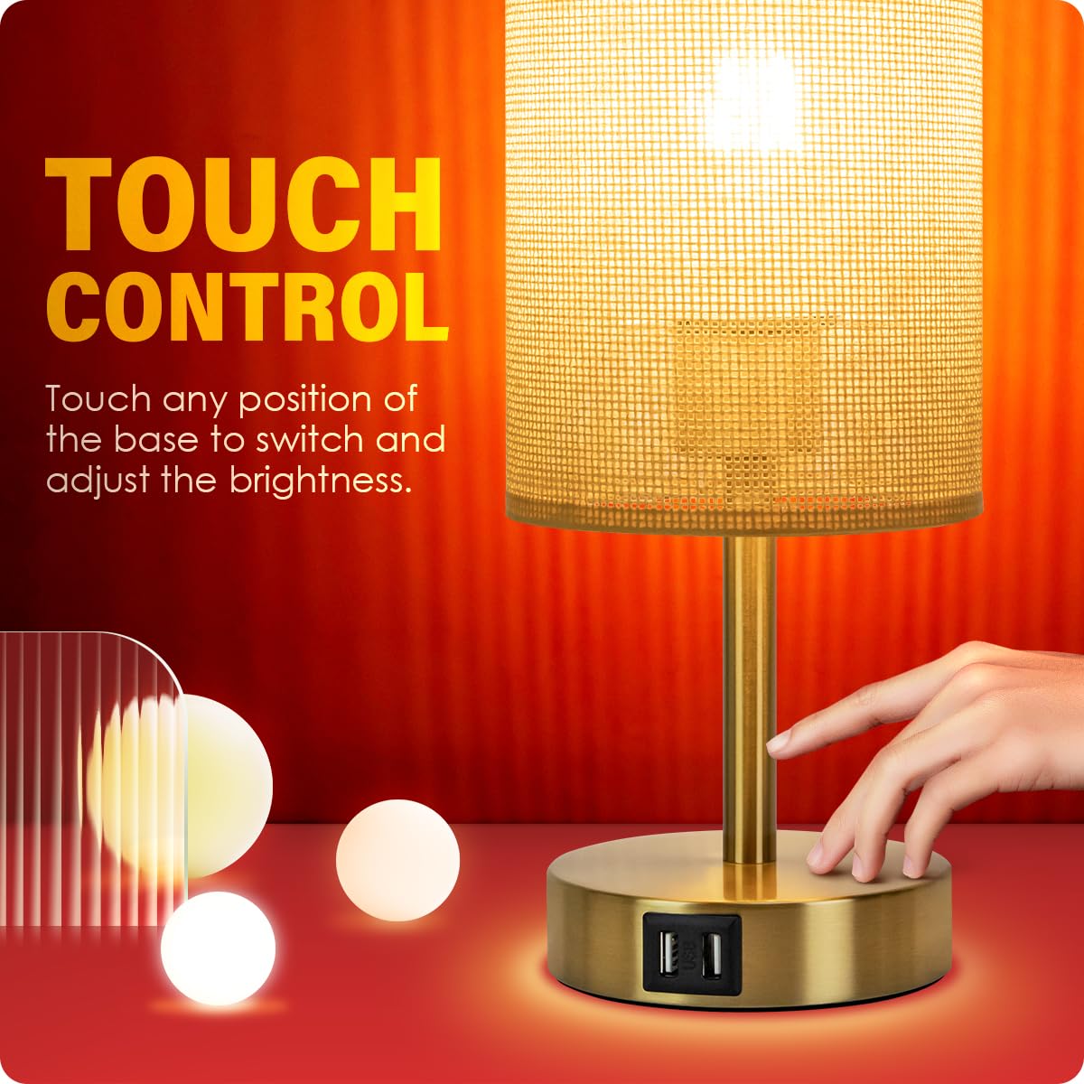 Yarra-Decor Touch Control Bedside Lamp With Usb Port, 3-Way Dimmable, Round Flaxen Shade, Model Y-Net, Color Net