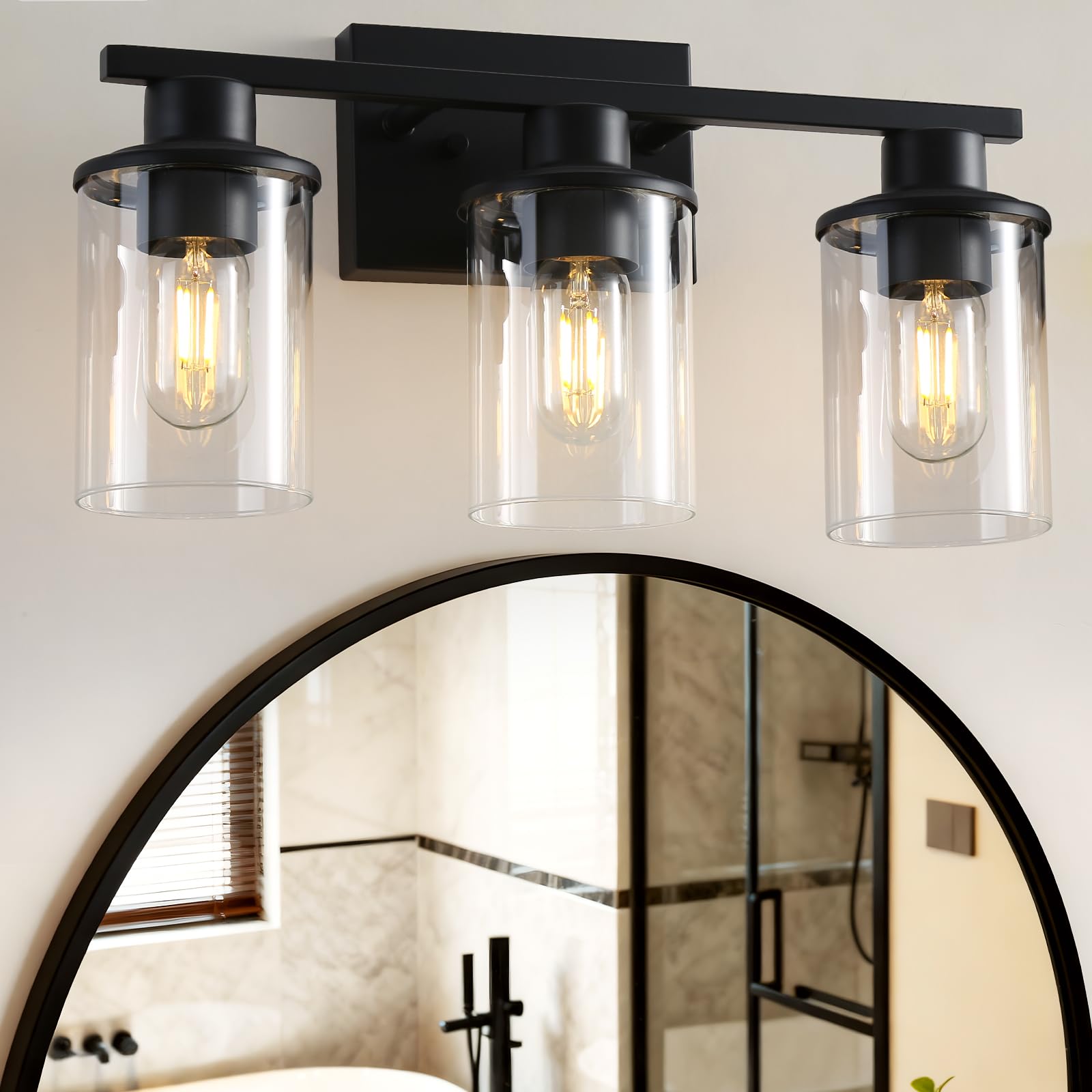LOUSACE 3-Light Bathroom Light Fixtures, 17.3 Black Modern Vanity Lights with Clear Glass Shade, Bathroom Wall Lamp for Mirror L