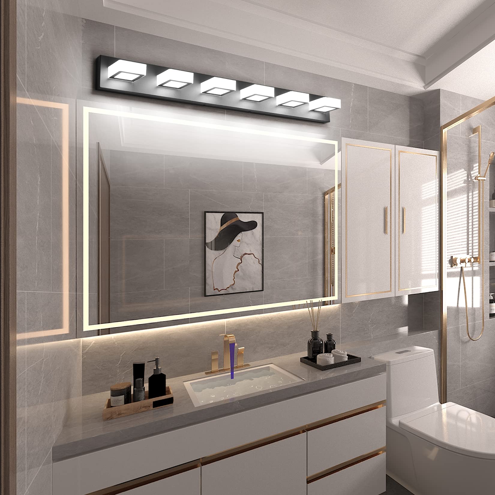 Ralbay Modern Matte Black Bathroom Vanity Light Fixtures 6 Lights Acrylic Modern Led Black Vanity Lights For Bathroom (4500K Neu