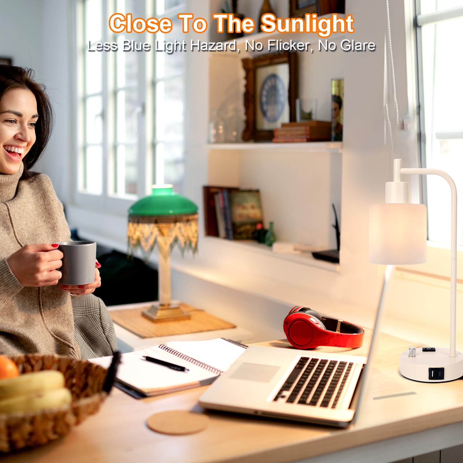 GLITI Industrial Table Lamp - Stepless Dimmable, 2 USB Ports, AC Outlet, Frosted Glass, Gold, Model T189, Perfect for Bedroom & Living Room