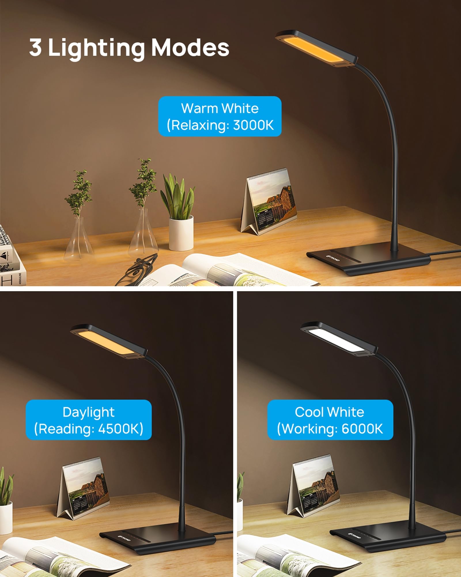 TROND Desk Lamp - Bright Dimmable Eye-Caring LED Light, 7 Brightness Levels, 3 Color Modes, Black, Flexible Gooseneck, Model Halo 10W