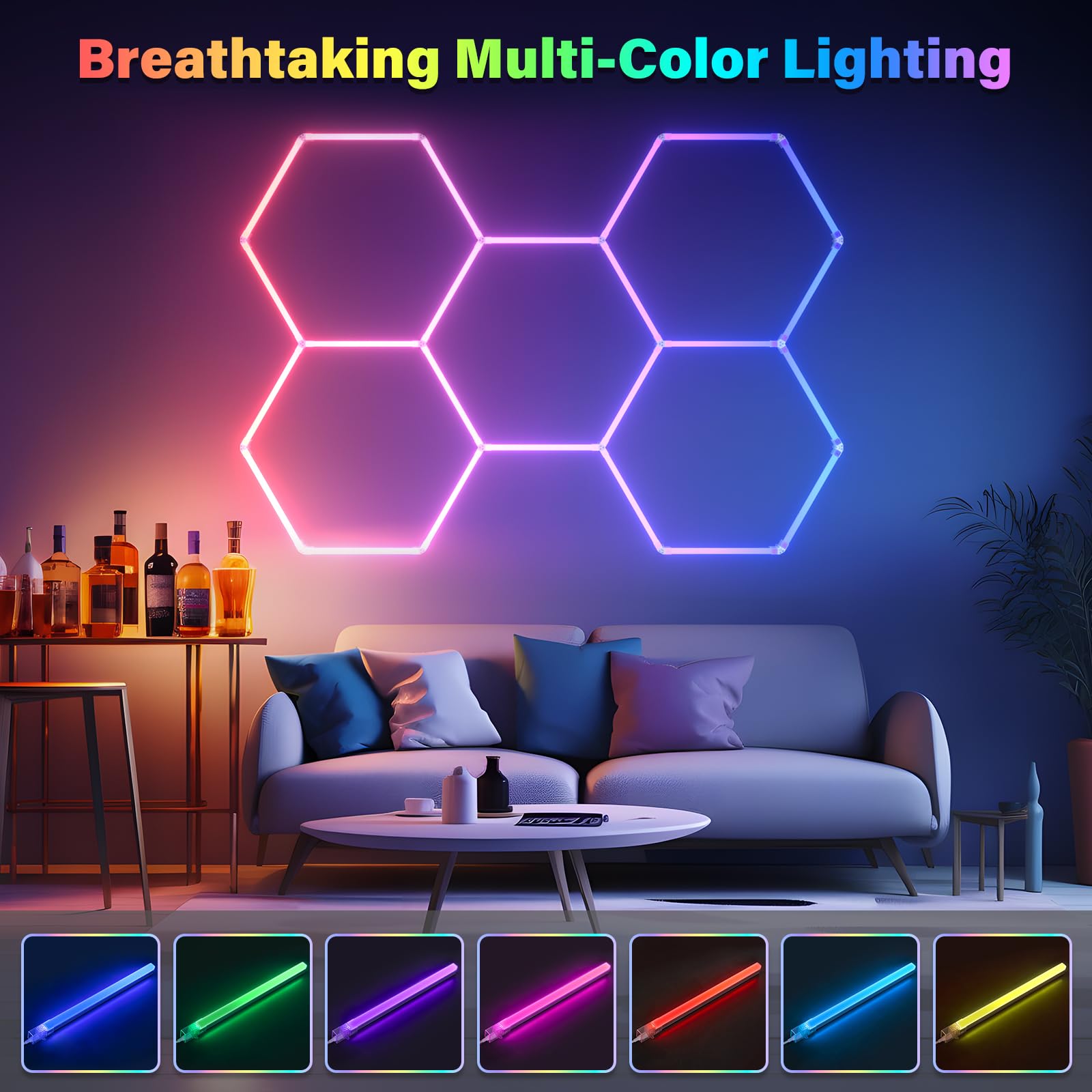 Allyes Hexagon Led Lights - Garage Hexagon Light With 358 Color Modes, Dimmable And Speed Adjustable Rgb Hexagon Wall Lights, Di