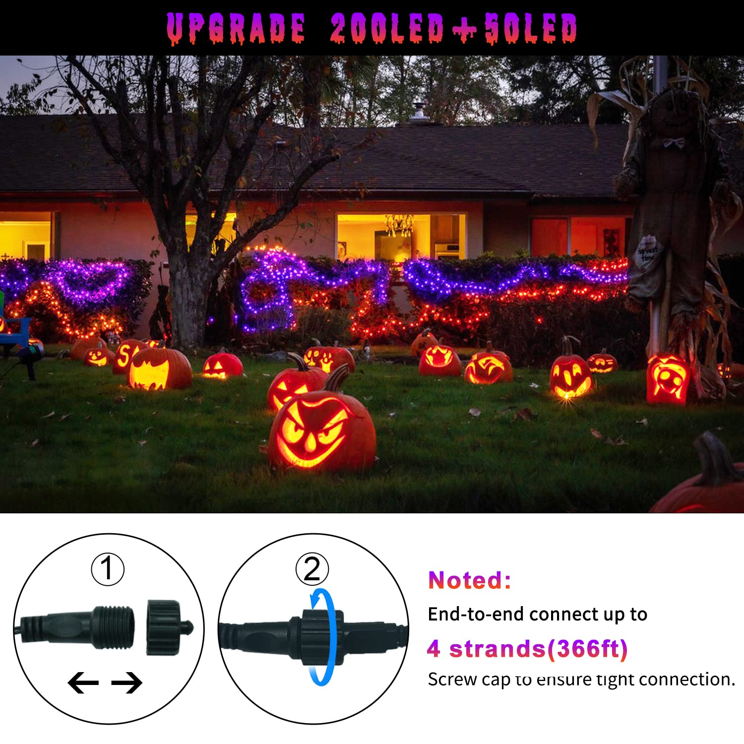 JMEXSUSS Halloween String Lights, 250 LED, Color Changing, Orange & Purple, 15 Modes, Waterproof, Remote Control, Model EXS-S-0250-R