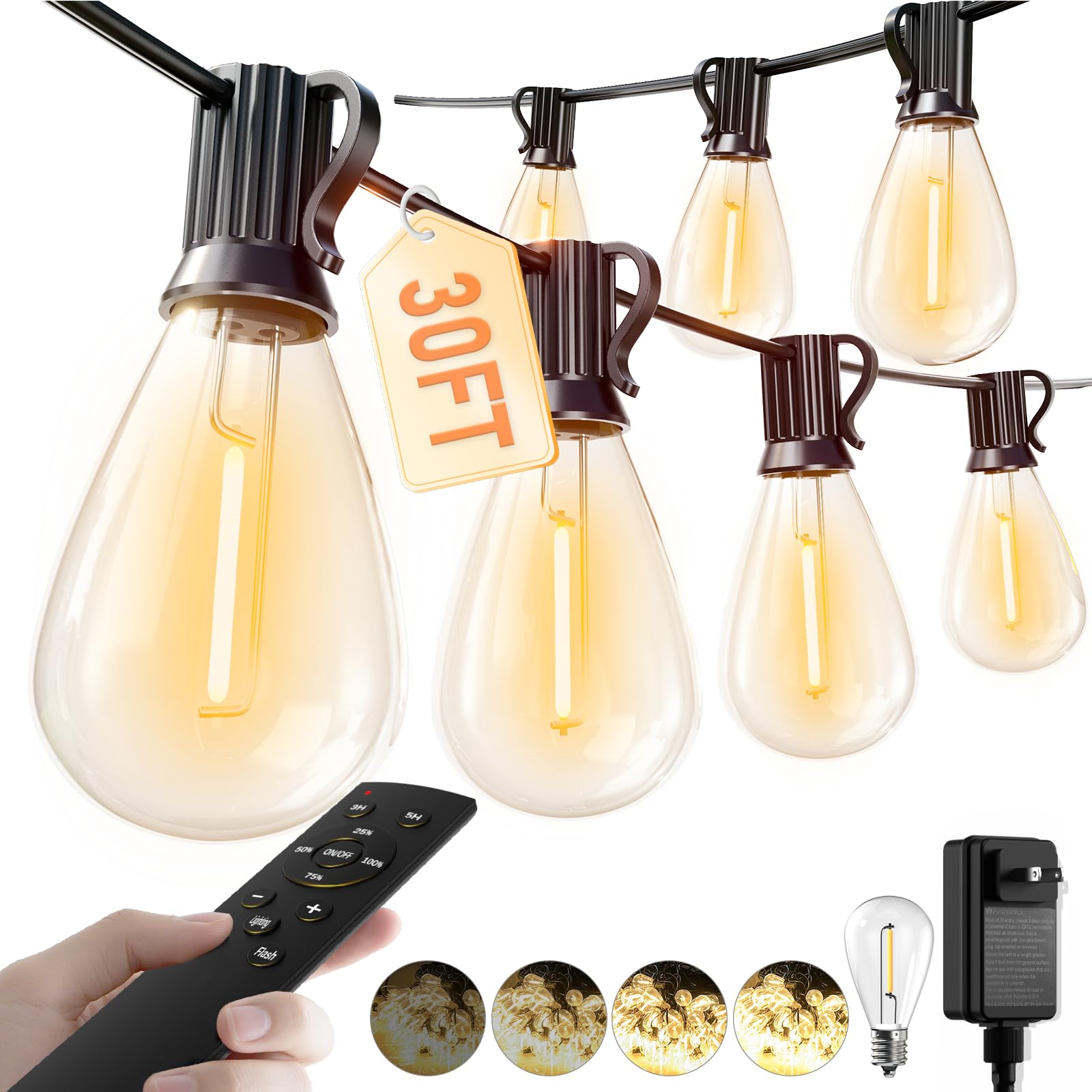 Luckystyle 30Ft Led Outdoor String Lights With Remote  10+ 1 Shatterproof Bulbs Waterproof And Dimmable Patio Lights For Porch  Garden  Backyard  Deck  Balcony  2200K Hanging Lighting