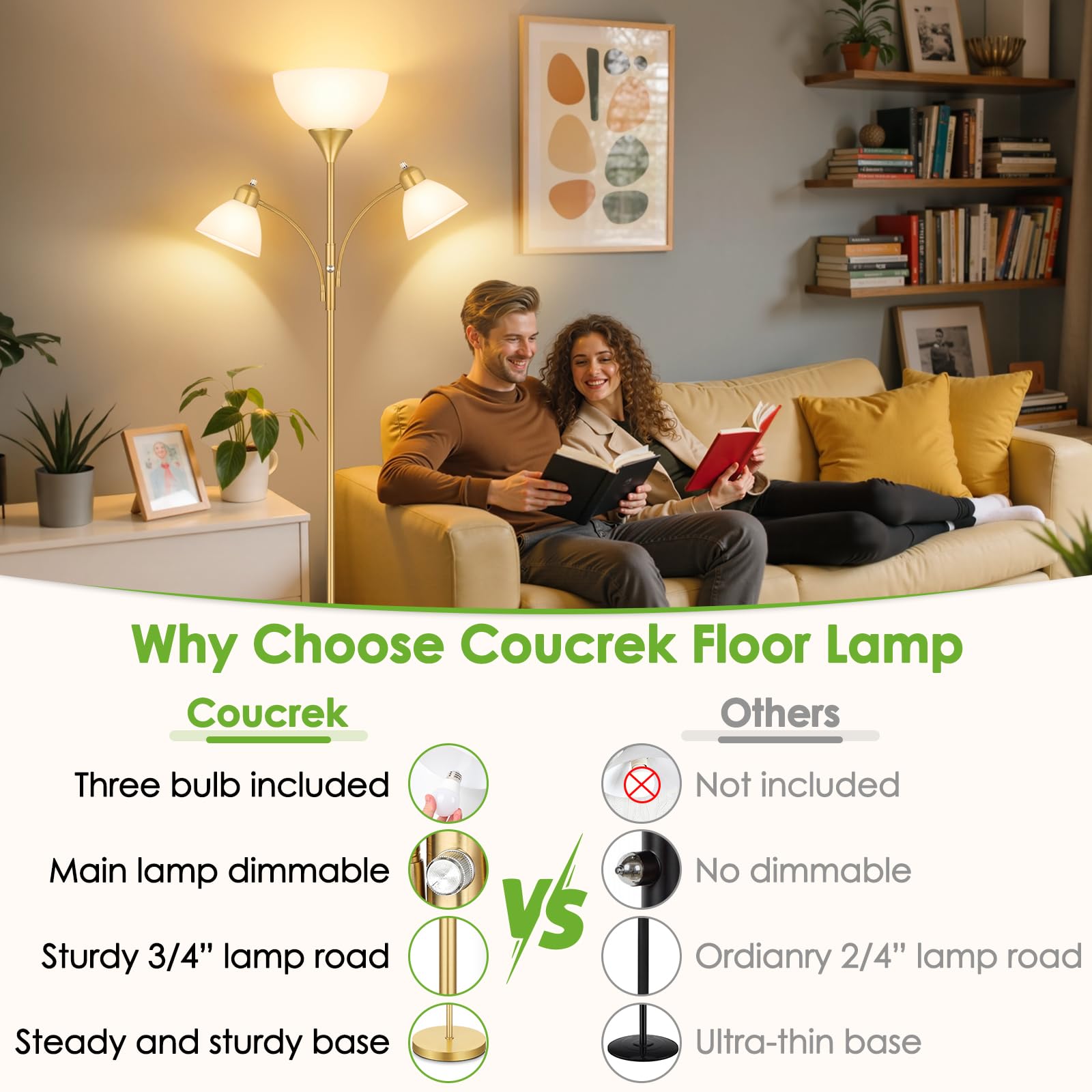 Coucrek 72" Dimmable Floor Lamp with 2 Reading Lights, Gold Metal Torchiere, Model HD-FL8001, Perfect for Living Room and Bedroom