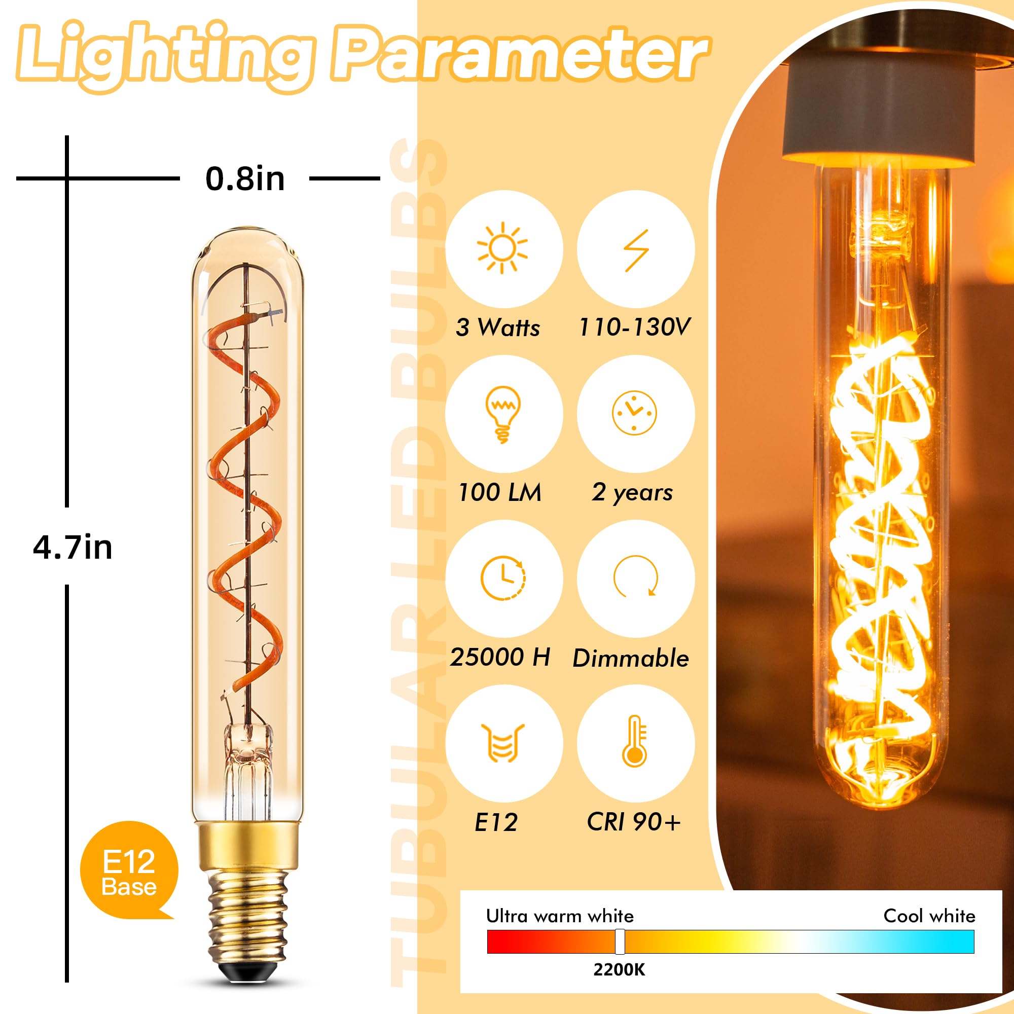 Grensk E12 Candelabra Tubular LED Bulbs, 3W Equivalent to 25W, 2200K Warm Light, Glass, 6 Pack, Vintage Amber Filament