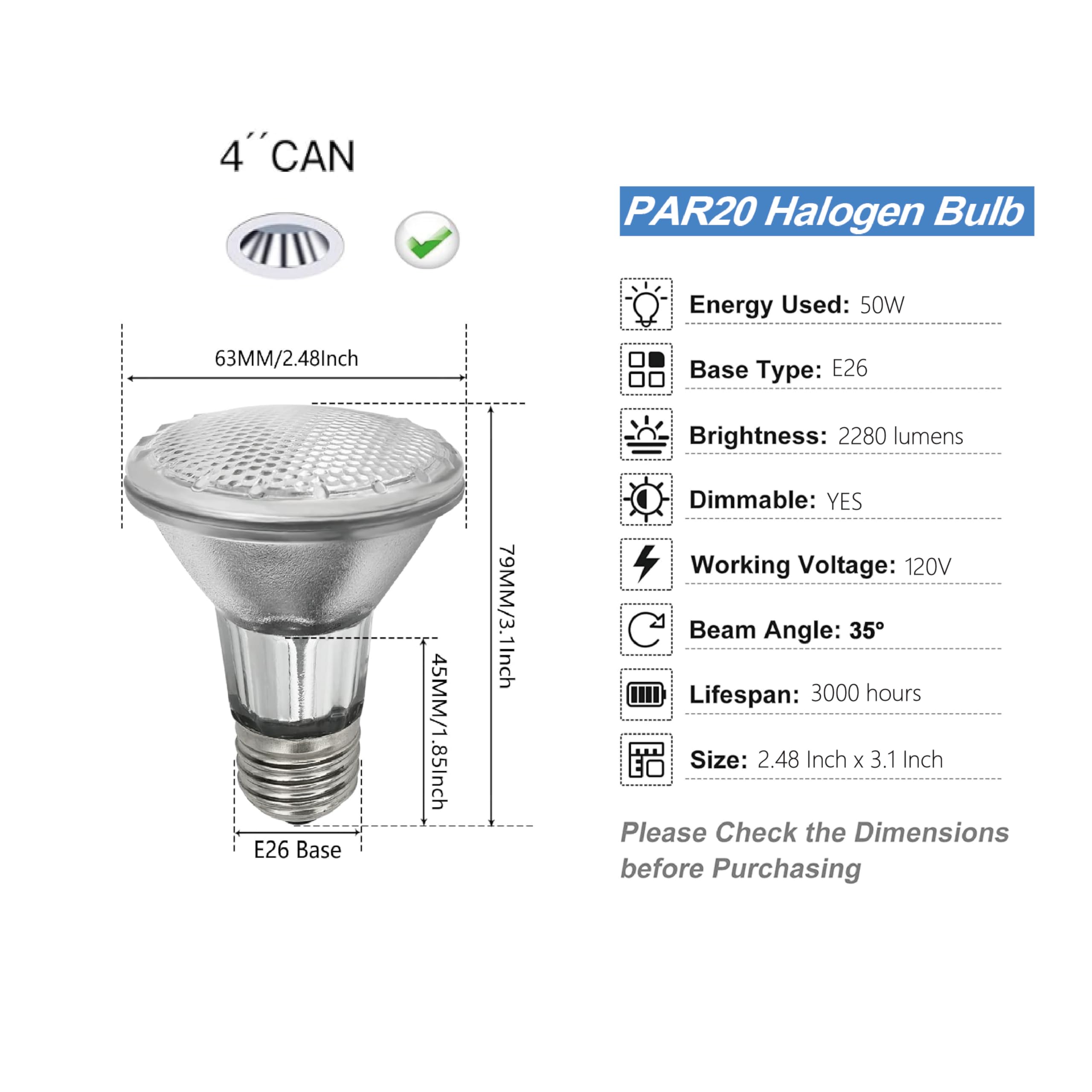 LuxGallerri PAR20 Halogen Light Bulbs 6 Pack, 50W Dimmable, Warm White, E26 Medium Base, Ideal for Kitchen & Range Hood Lighting