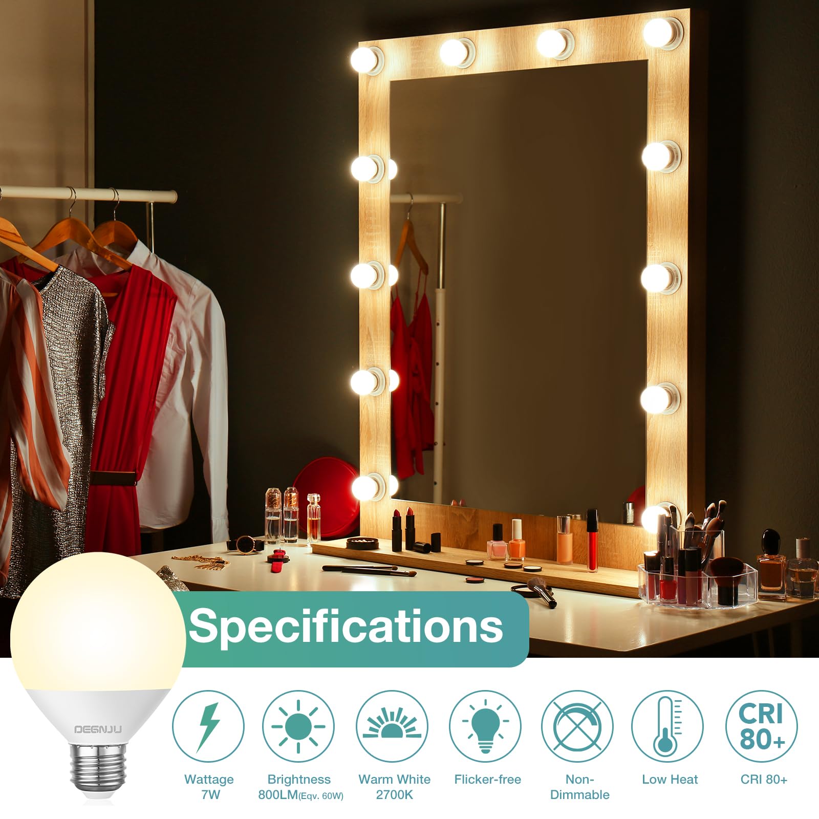 Degnju Led Vanity Light Bulbs, 60W Equivalent, Bathroom Light Bulbs 3000K Warm White, 800 Lumens, G25 Globe Bulb For Makeup Mirr