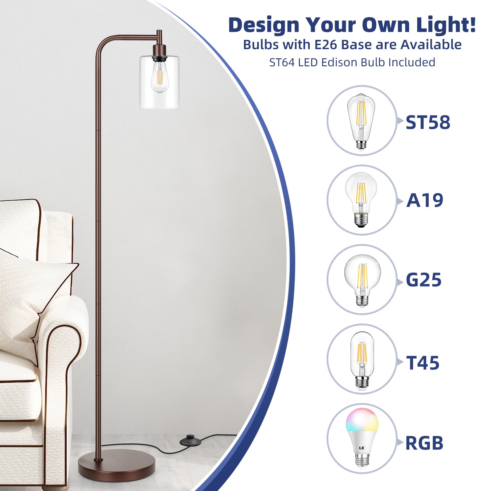 Bosceos Industrial Floor Lamp - Oil Rubbed Brown Metal with Glass Shade, Vintage Rustic Design, E26 Base, Model JF19108A.BR