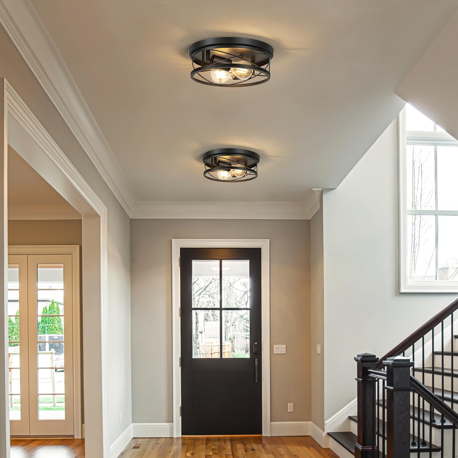 Violoemi Farmhouse Lights,Black Industrial 2 Pack Round Metal Flush Mount Hallway & Bedroom Ceiling Lamp, Kitchen Round Lights (Bulbs Not Included)