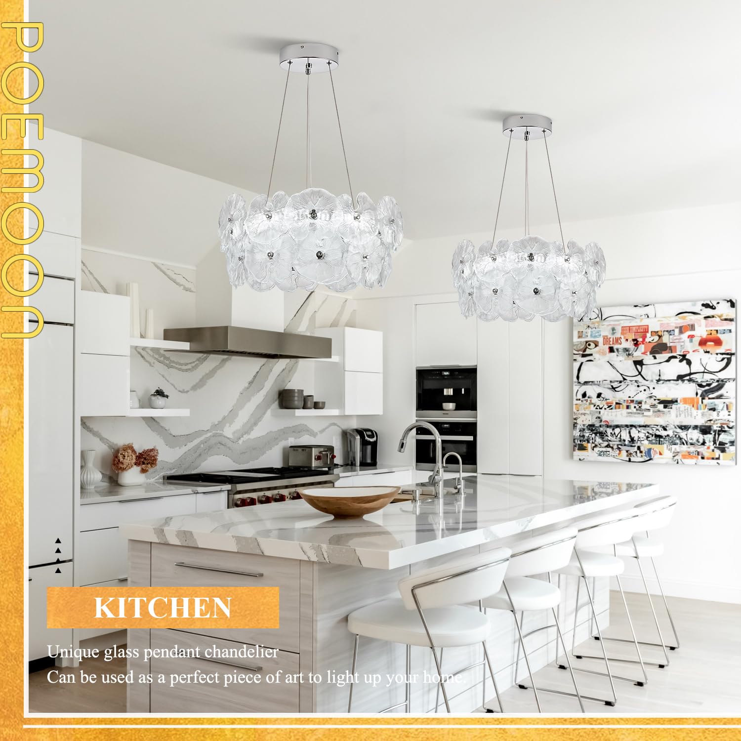 Poemoon Modern Chrome Glass LED Chandelier, 20in Lotus Leaf, Dimmable with Remote, Model 56-500C, 3000K-6500K Lighting