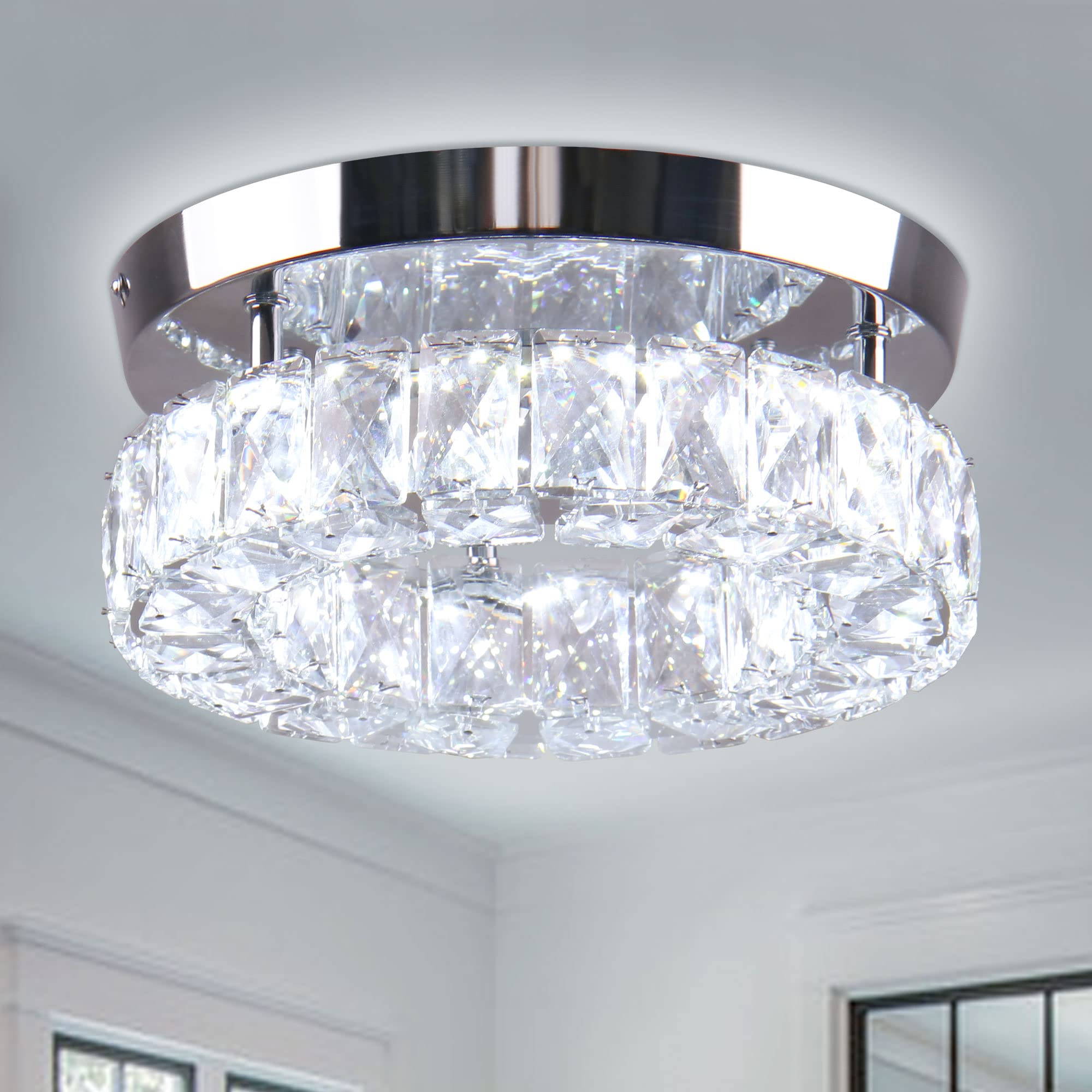 Ypqxyhda 9.8" Crystal Flush Mount Ceiling Light Fixtures Led Round Mini Chandelier Light Fixture Ceiling Lamp For Kitchen Hallway Foyer 15 W 6000K