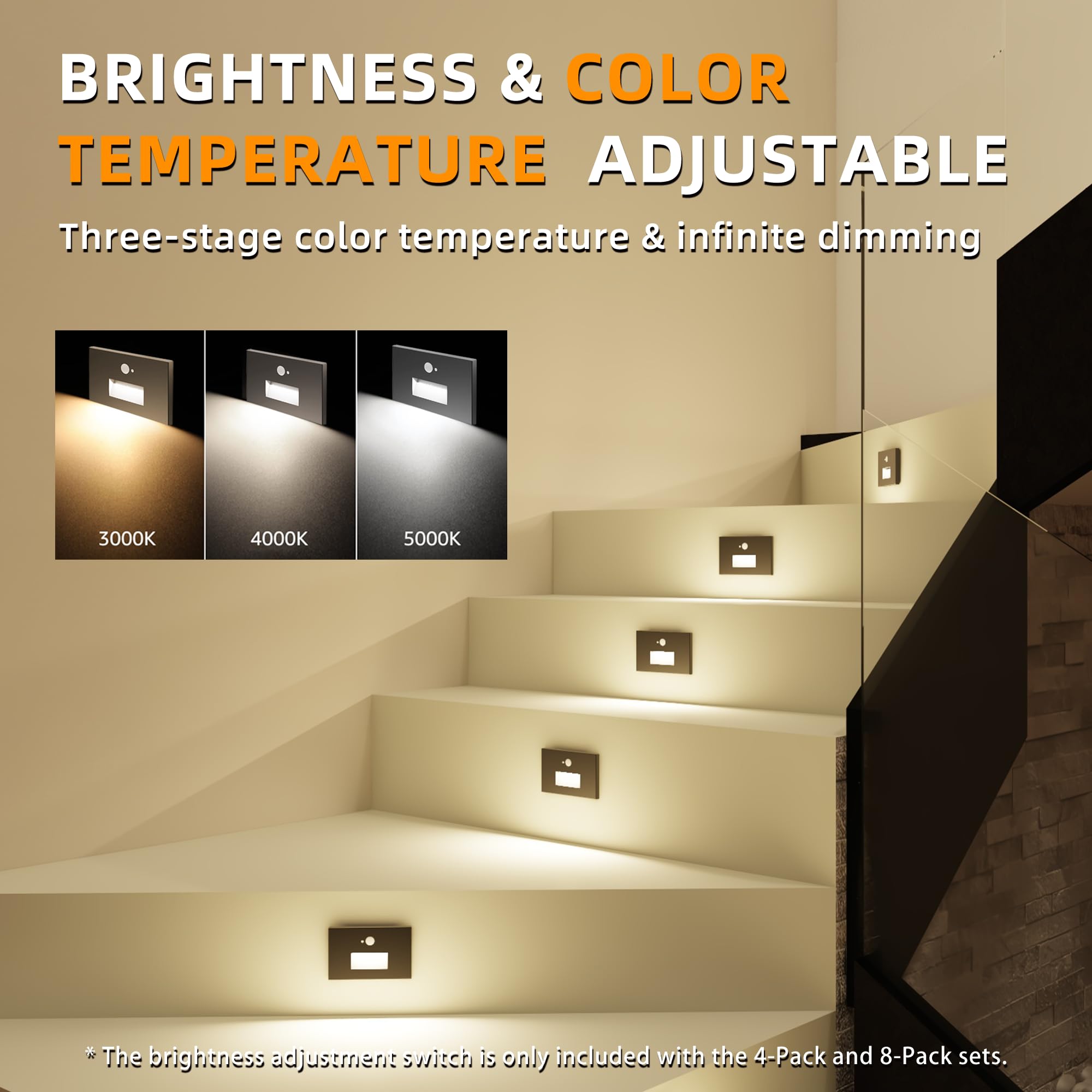 Jandov Motion Sensor Stair Lights 8 Pack, Dimmable 3000K/4000K/6000K, Hardwired 120V, Waterproof, Black, Model JV-Outdoor