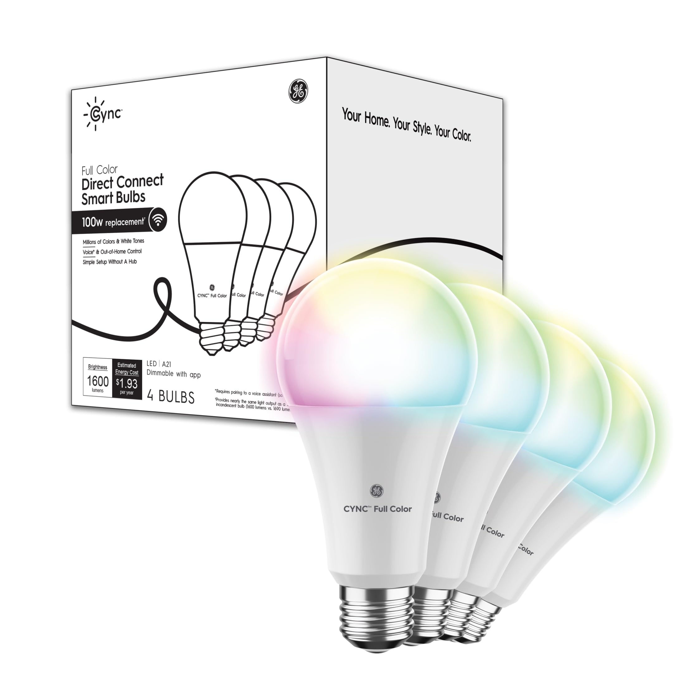 Cync GE A21 Smart LED Light Bulbs, Color Changing Room Decor, Bluetooth and WiFi Light Bulbs, 100W Equivalent, Work with Amazon
