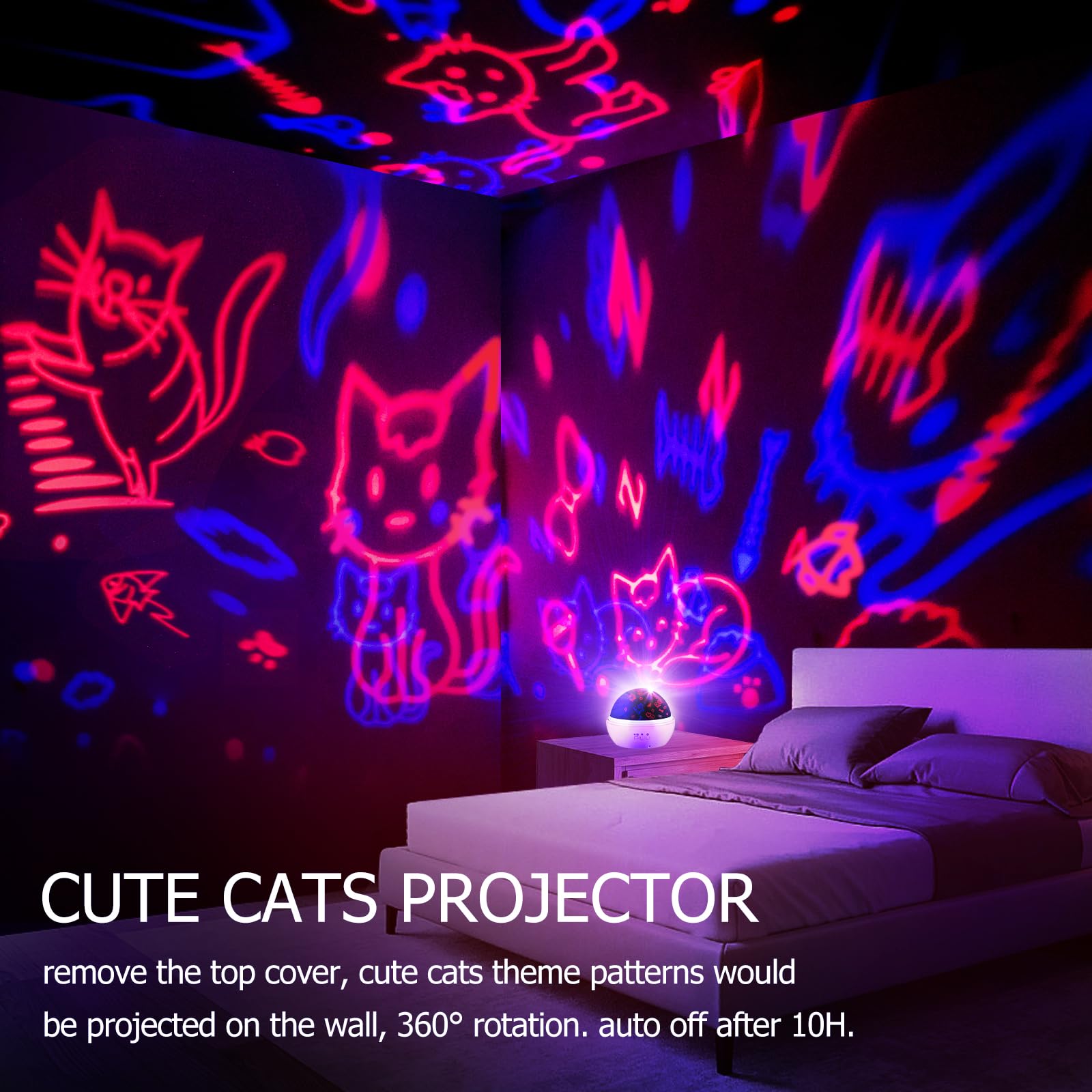 Elsent Cute Cats Projector, RGBW LED Night Light, 360° Rotation, USB/Battery Operated, Pink, 10H Timer