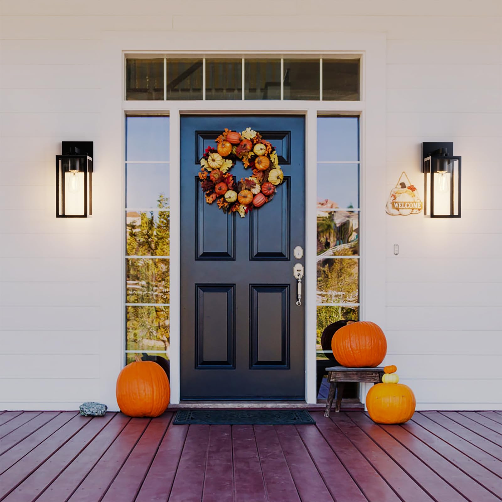 Outdoor Wall Lights, 12.4 Inch Waterproof Lanterns With Frame And Clear Glass Shade, Exterior Front Porch Lights Matte Black Wal