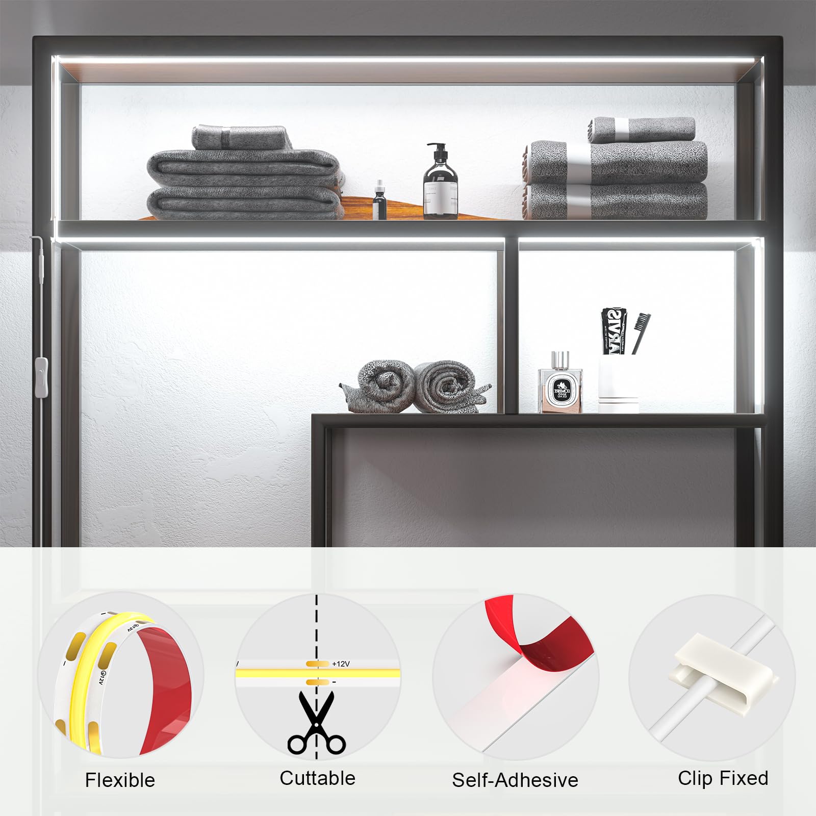 Wobane Under Cabinet Lighting,Flexible Cob Led Strip Light,Under Counter Lights For Kitchen,Mirror,Ceiling,Room,Tv,Shelf,Cupboar