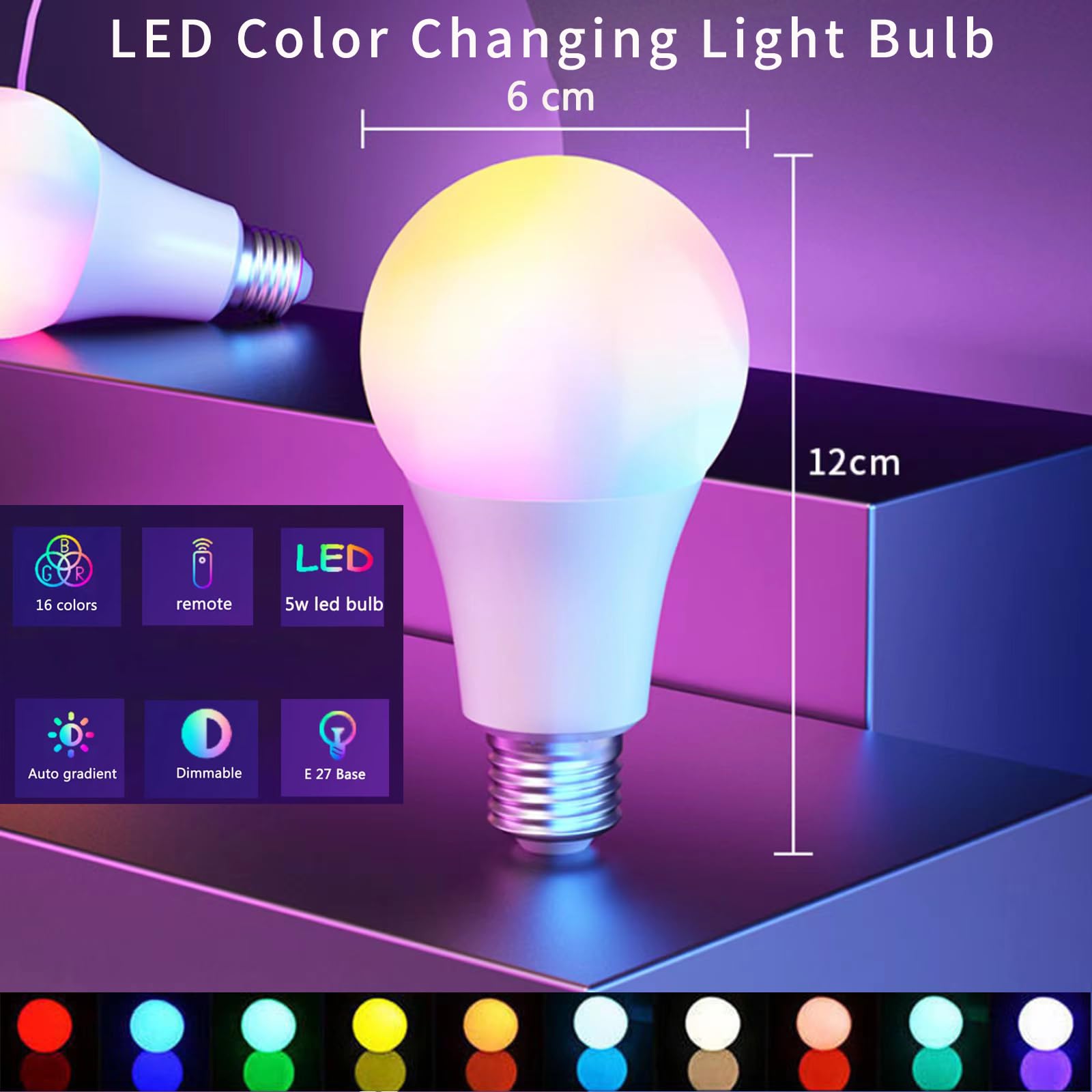Yknawoir Color Changing Light Bulb With Remote, Rgb Light Bulbs 9W A19 6500K White E27/E26, Memory,16 Color Choices Multicolor D