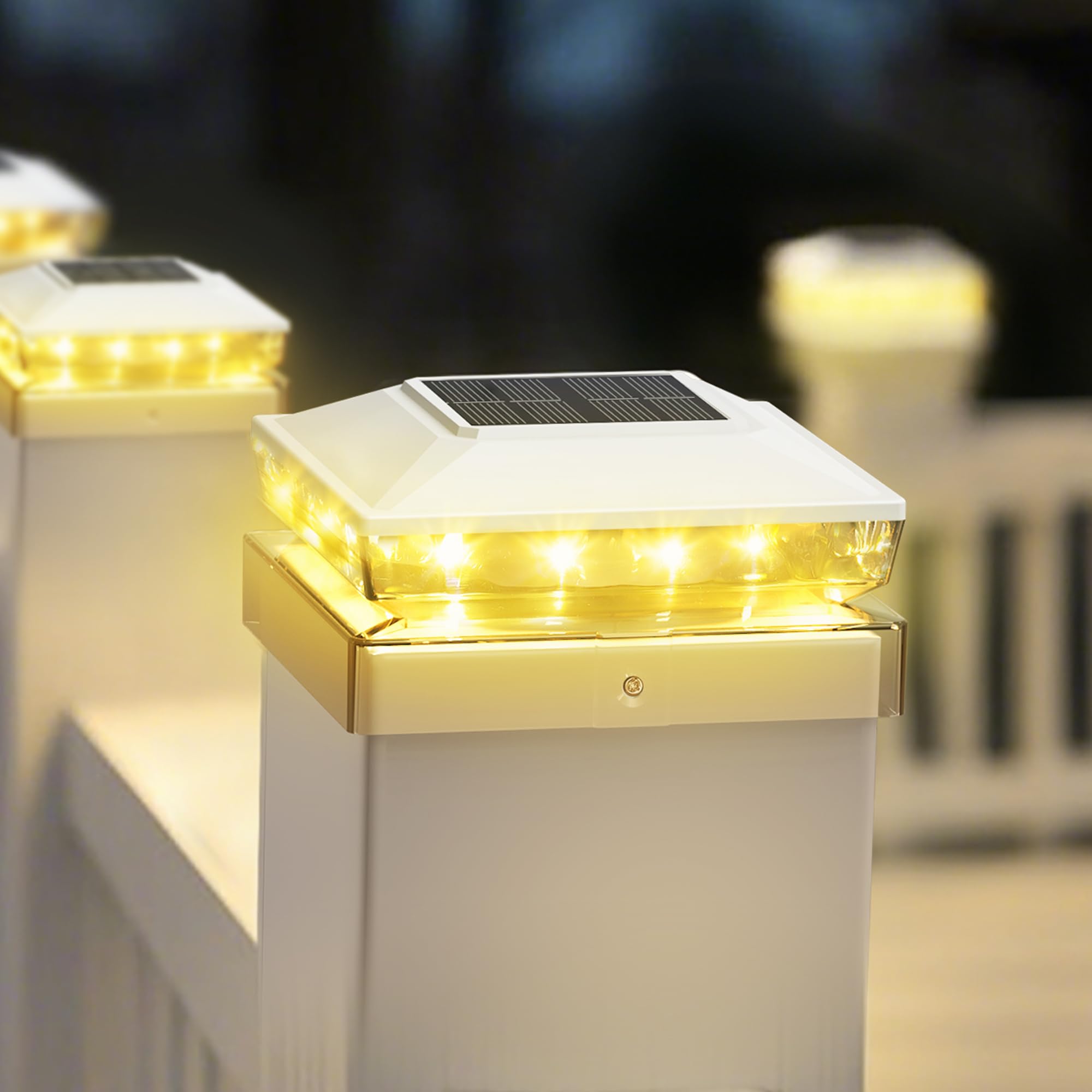KEILAIMO Solar Post Cap Lights, 6 Pack, IP65 Waterproof, Warm White Glow, for 4x4 & 5x5 Posts, Plastic, White, Model SL51