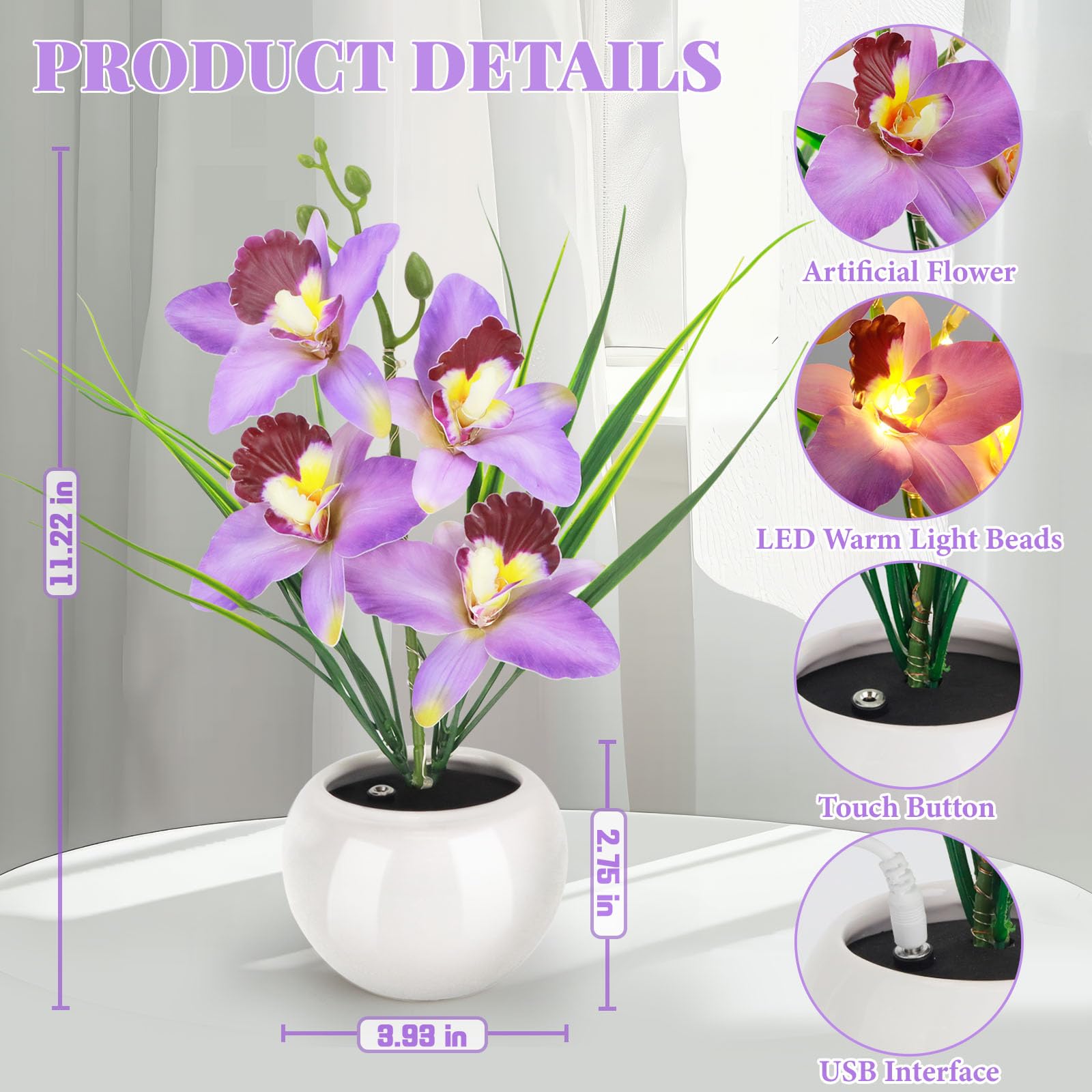Strackvial Artificial Flower Night Light, Touch Stepless Dimming Usb Rechargeable Orchid Flower With Vase Lamp, Led Table Lamp D