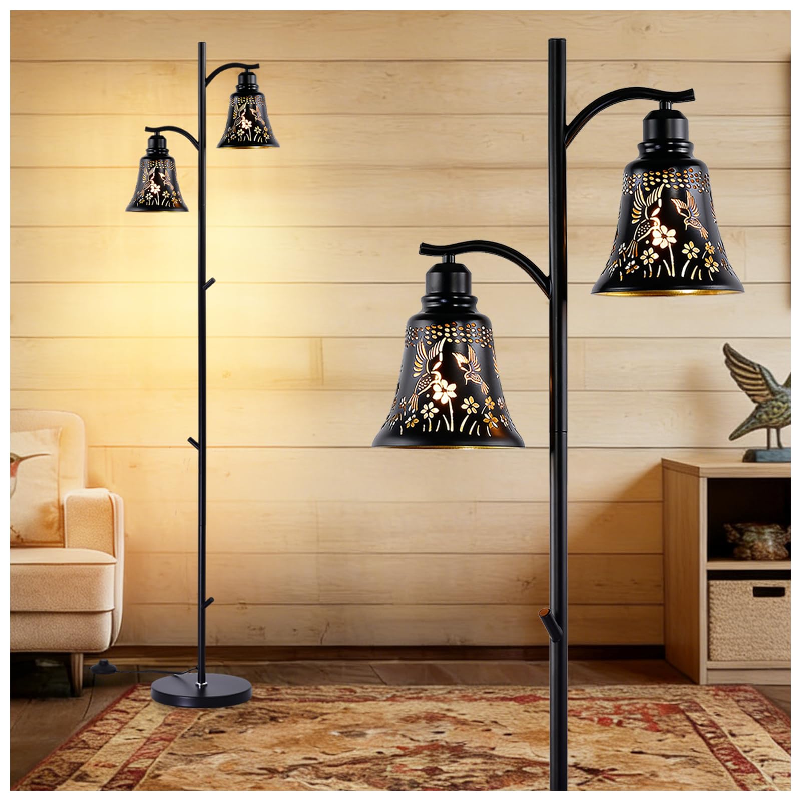 SendaLife 2-Light Multi Head Floor Lamp,Hummingbird Black Metal Bell Shade Gothic Tree Lamp,64.56 Rustic Farmhouse Standing Ligh