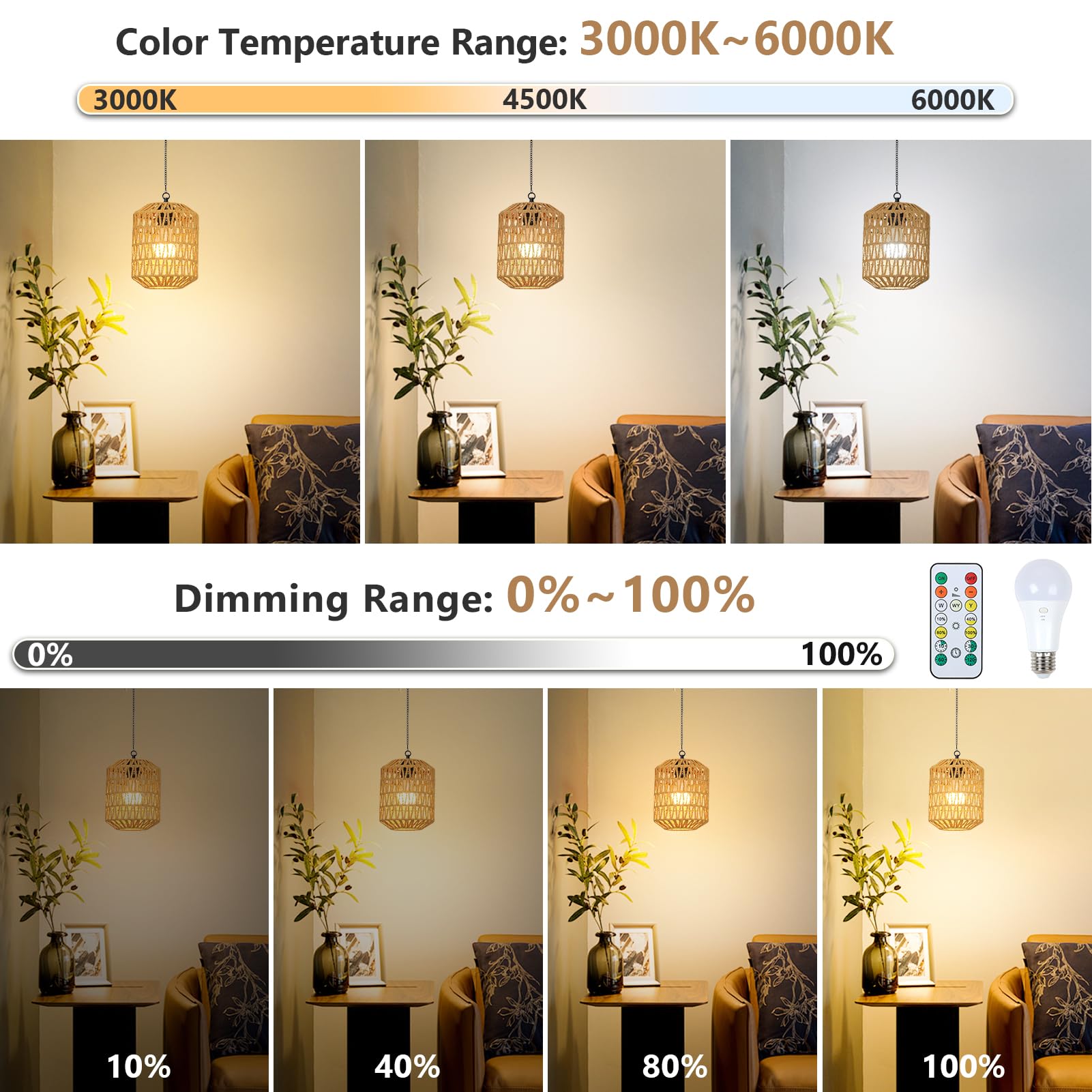 HMVPL Battery Operated Chandelier, Rattan Pendant Light with Remote, Brown, 2 Pack