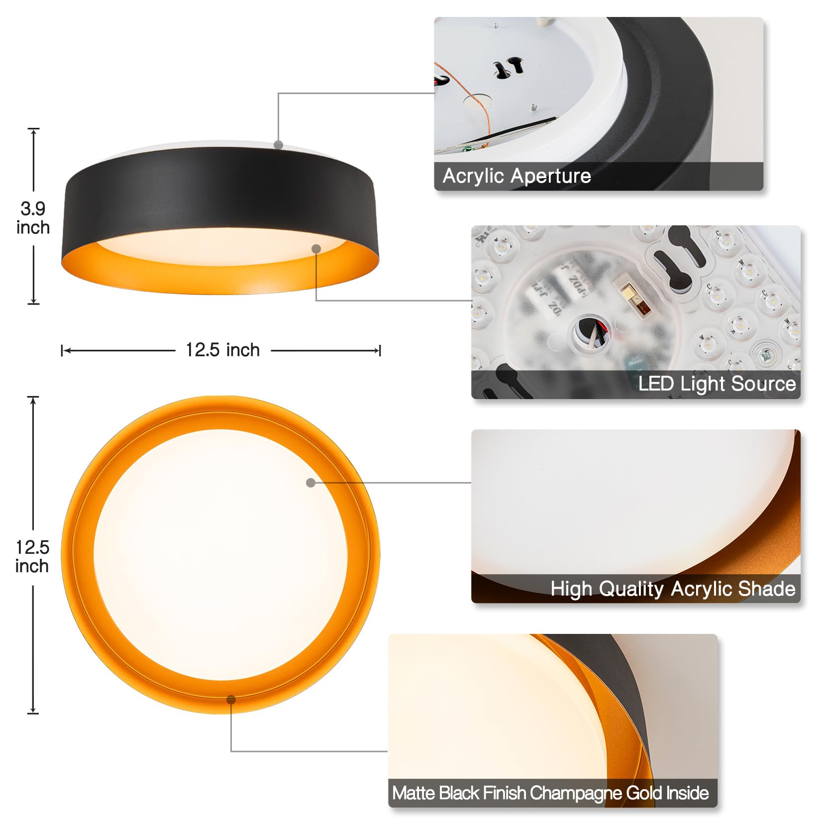 Bargeni Flush Mount Ceiling Light,12.5 Inch Led Ceiling Light With Night Light,Matte Black With Gold Inside,24W/2700K/3000K/4000