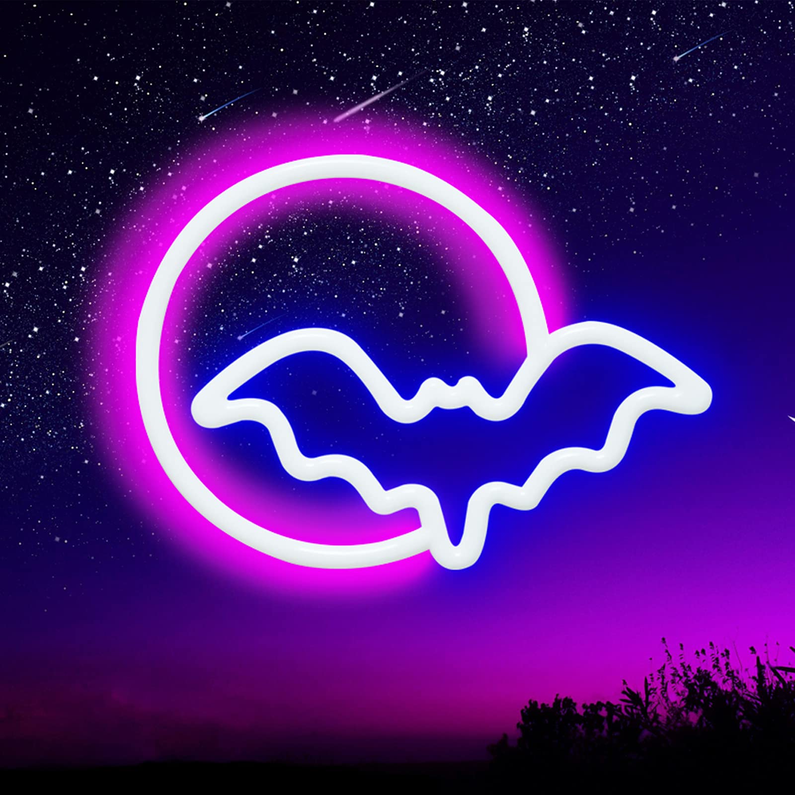 Semetor Moon & Bat Led Neon Sign - Pink & Blue Usb/Battery Powered Wall Decor For Kids, Parties, Events