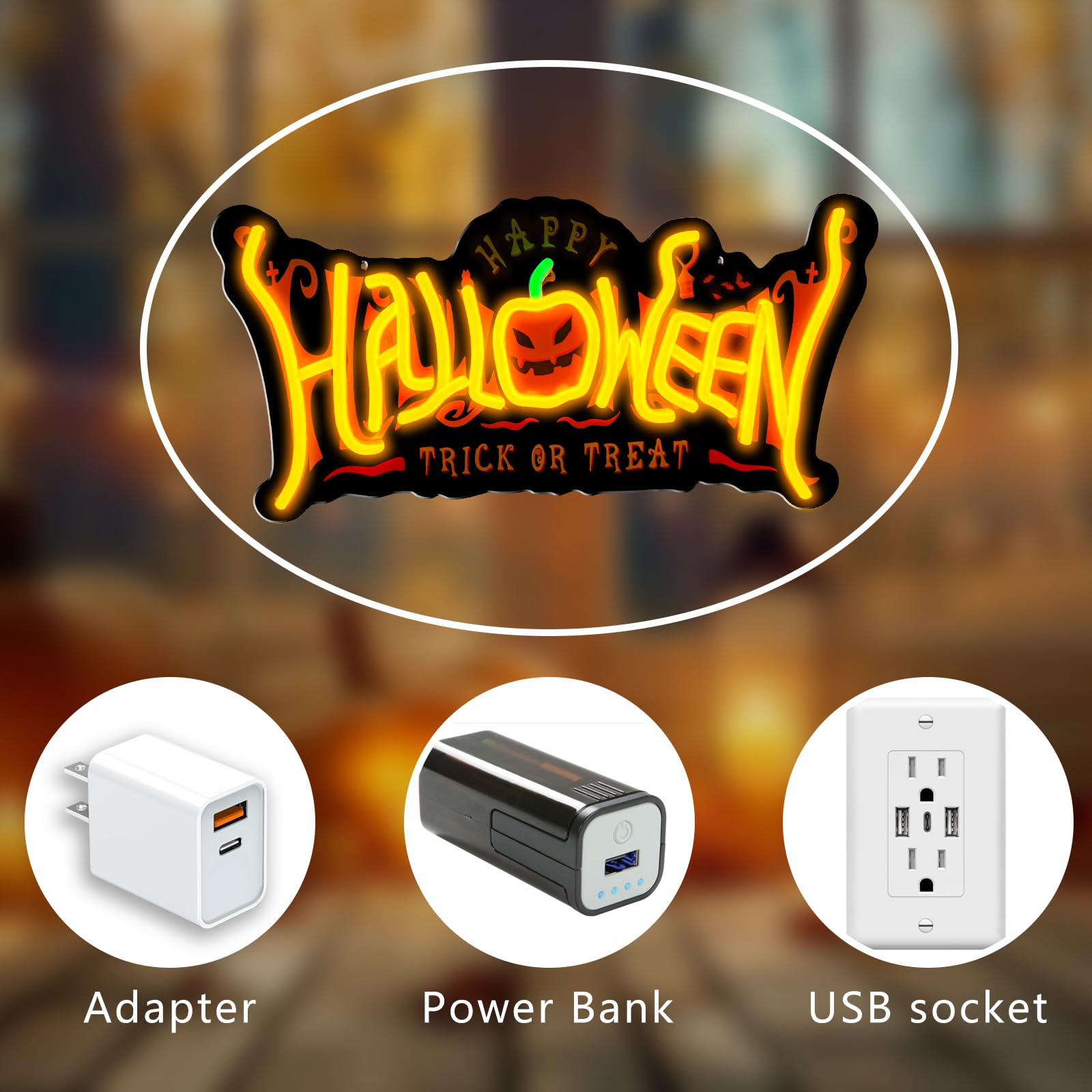 Kraftzoo Neon Pumpkin Sign, USB Powered, 6 Brightness Levels, Black + Orange, Model LE003A, Halloween Wall Decor
