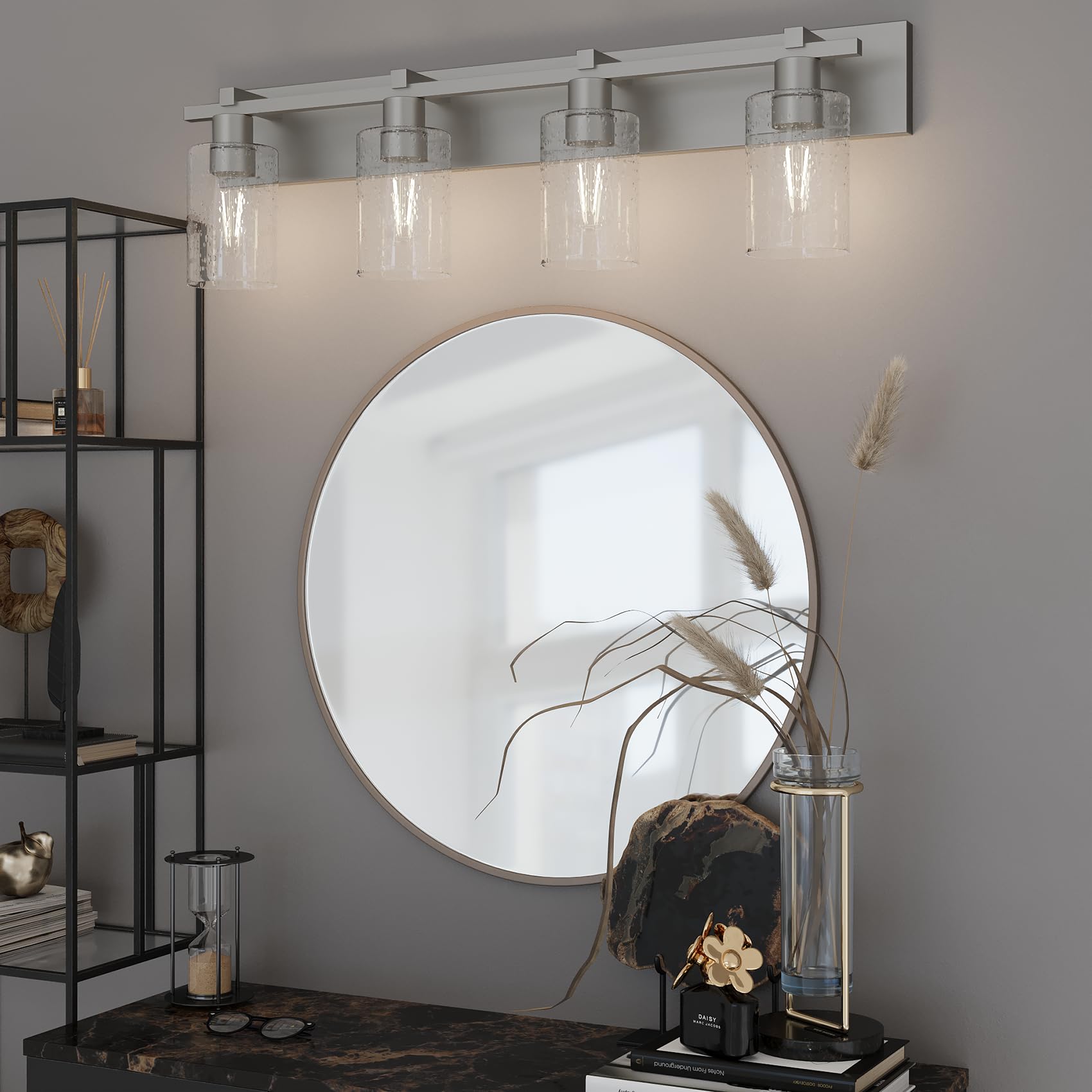 Espird Bathroom Vanity Light, 4-Light Brushed Nickel, Thickened Seeded Glass Shade, 33 inch, Model EL-DBB-SV4
