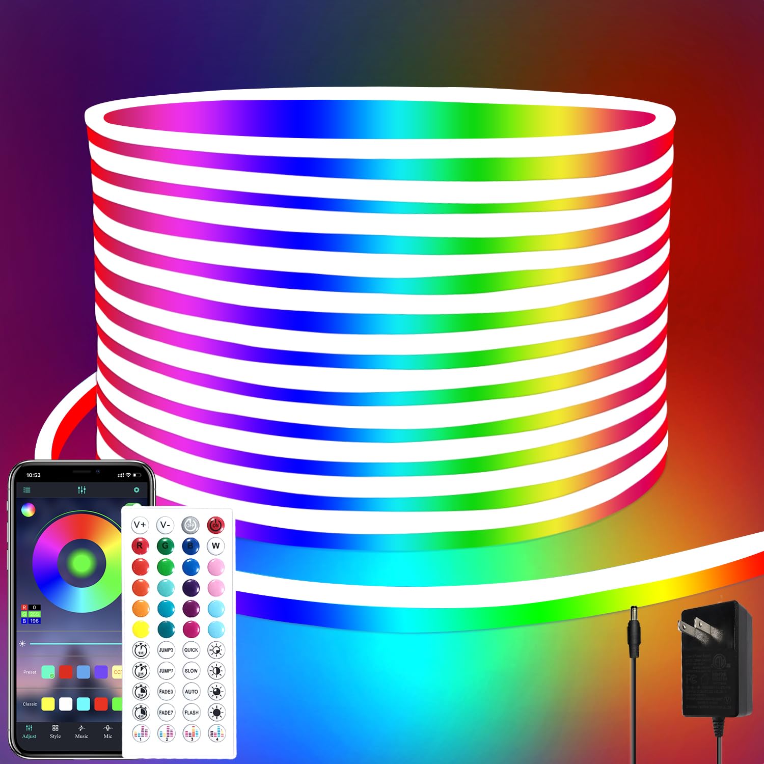 segrass 32.8ft LED Neon Rope Lights, RGB Color, 24V, Waterproof, Flexible with Remote Control, Model segrass-ledRG10mp