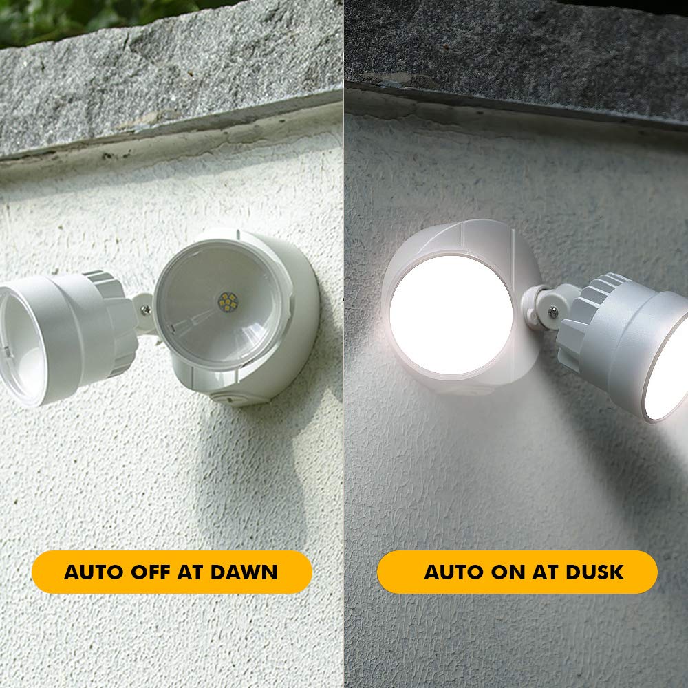 LUTEC Dual-Head LED Flood Light 2000 Lumen, 18W, Dusk to Dawn, Waterproof, White, Model P6221W-D2D, 1 Pack for