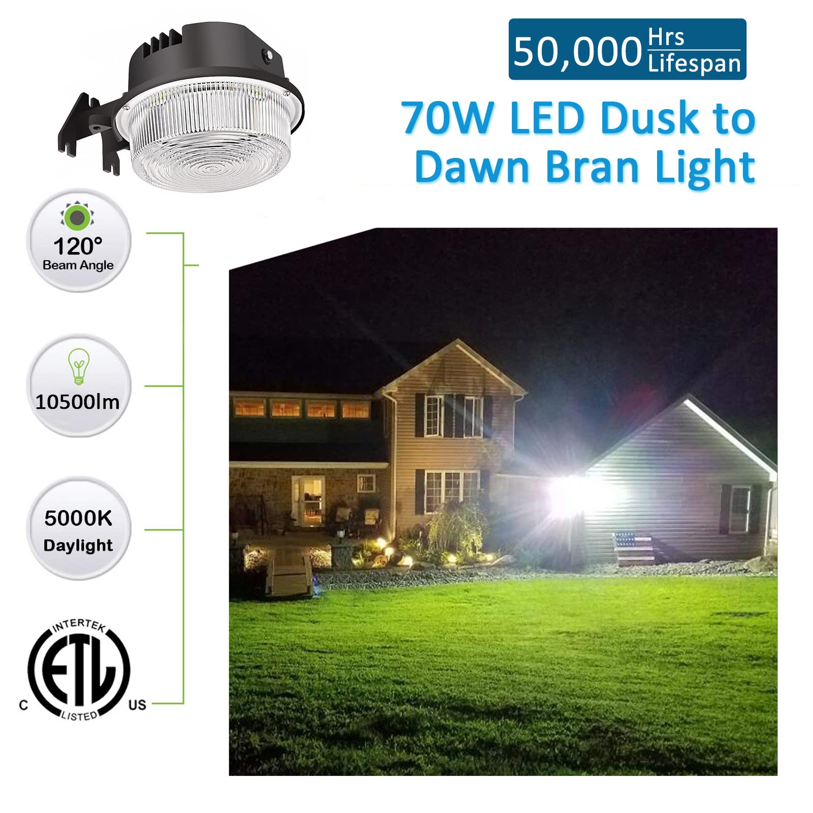 SZGMJIA LED Barn Light 70W Dusk to Dawn Outdoor Light 10500lm 5000K Aluminum IP65 Waterproof Model MH-US-84