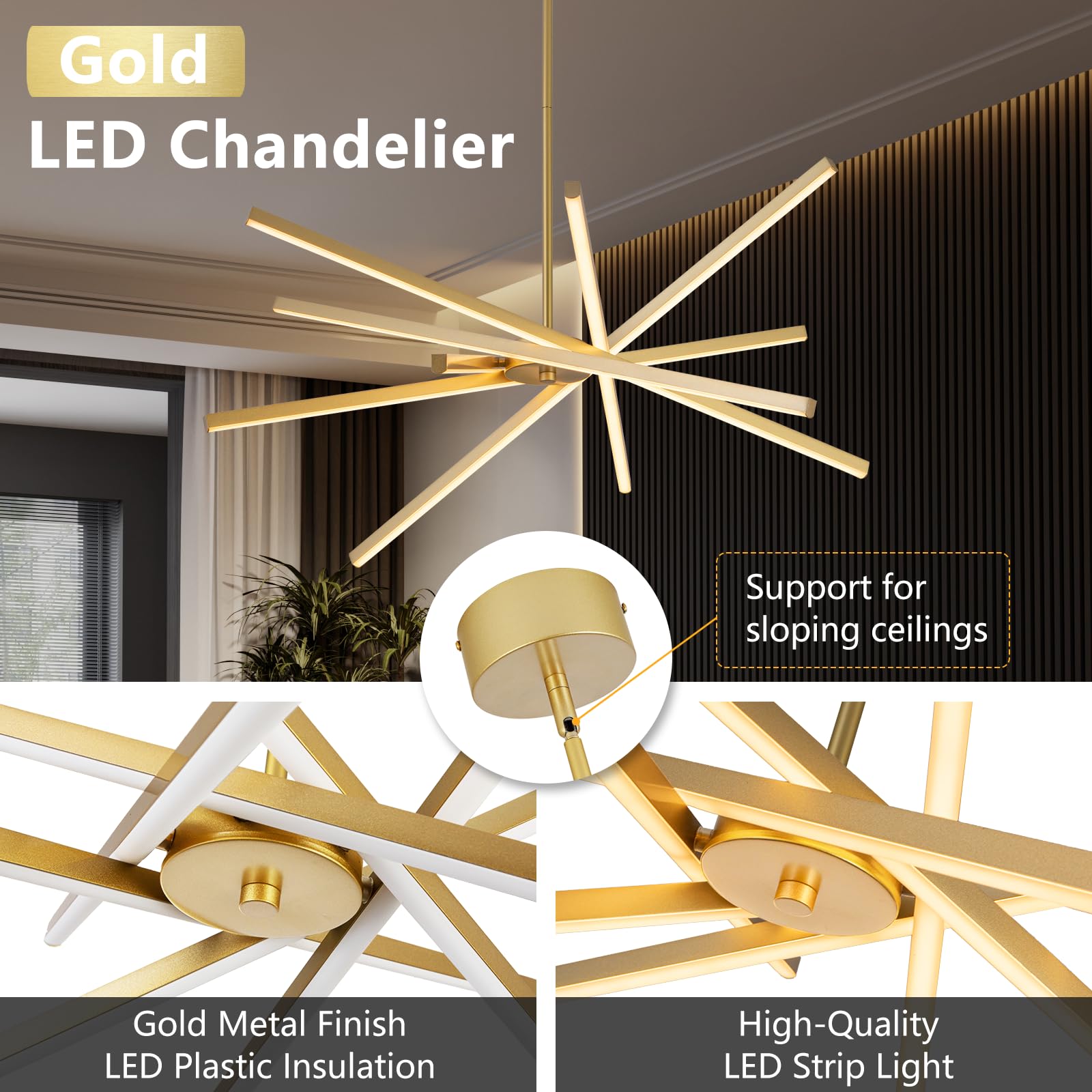 HOGBU Modern Gold Chandelier - LED 6-Lights Dimmable Pendant Light 31.7" for Dining Room & Kitchen, Model G009P-6BR-NEW