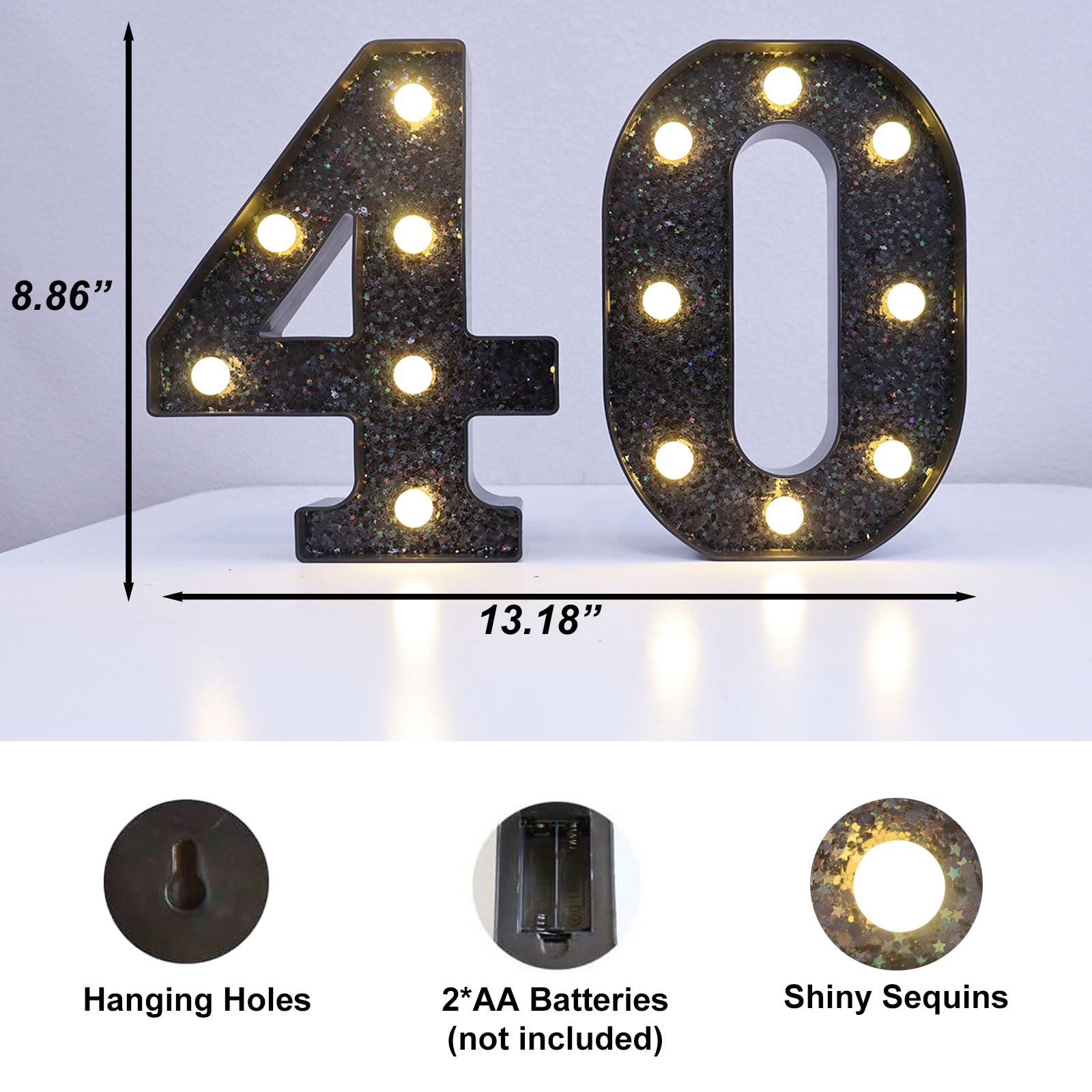 8.8 Decorative Led Light Up Numbers  Glitter Marquee Numbers Lights For 40Th Birthday Decorations  Shiny Lighted Number Sign For Birthday Party Wedding Anniversary Home Decor  Glitter Black 40