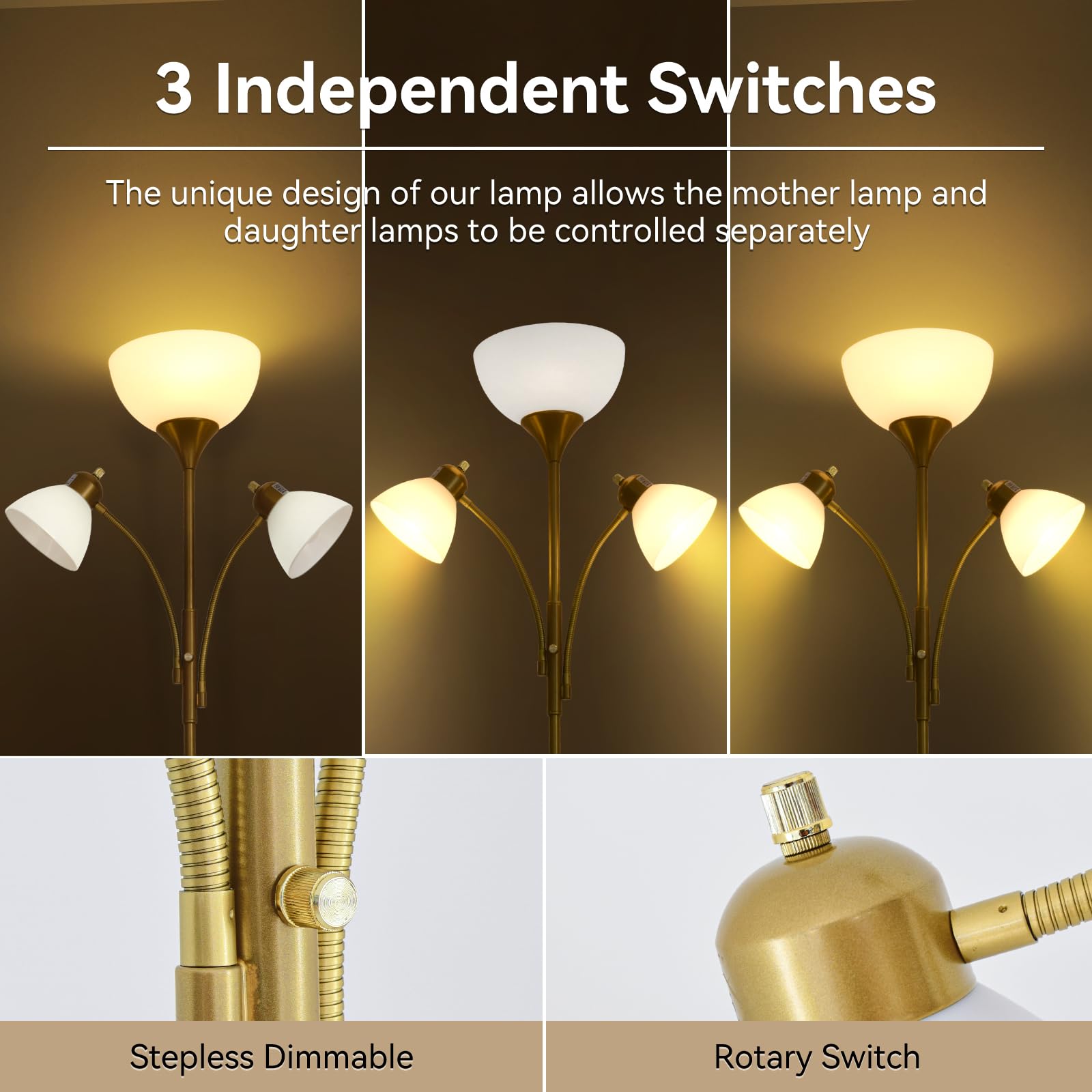 RISLG Floor Lamp - Adjustable Stepless Dimming, 3 Lights, Modern Gold Design for Living Room, Bedroom, Office, Model RS-US 6211