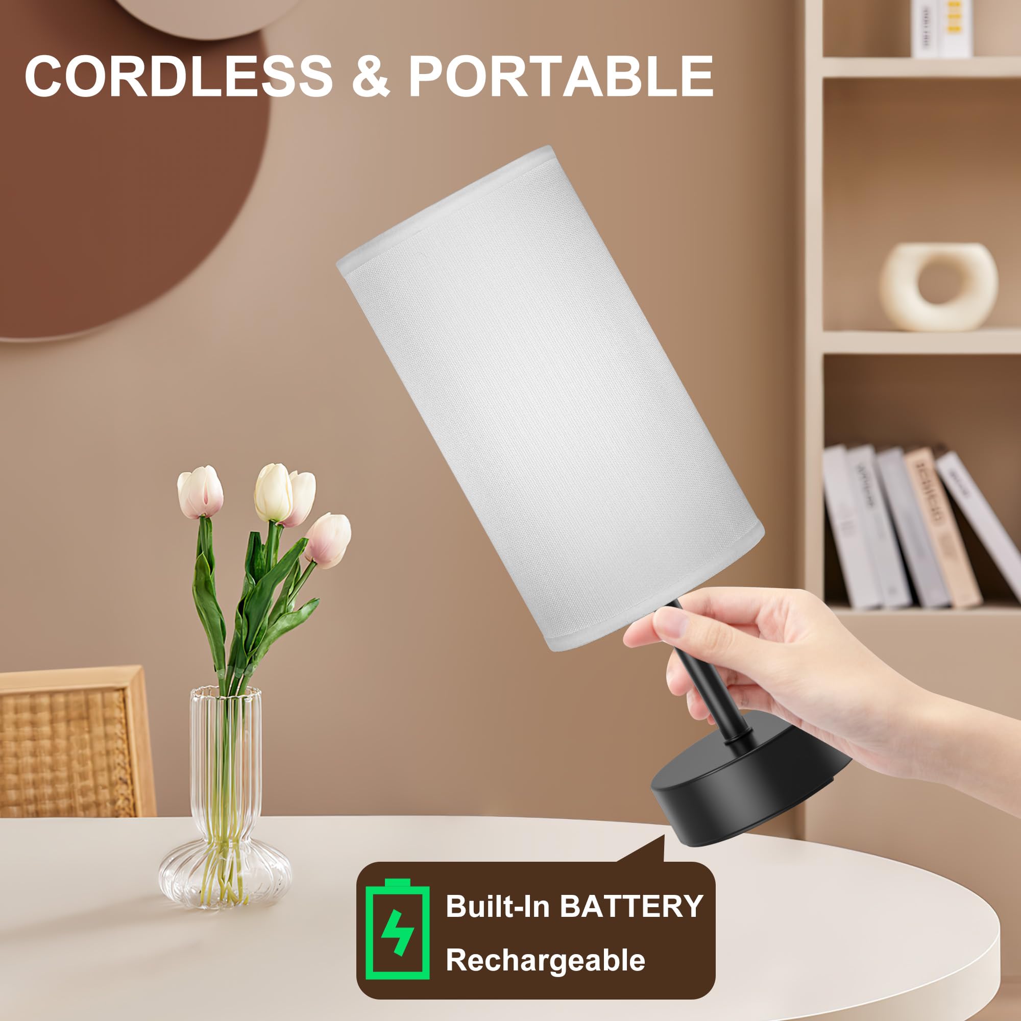 ROTTOGOON Cordless Table Lamp Touch Control Dimmable Rechargeable Metal Bedside Lamp Black
