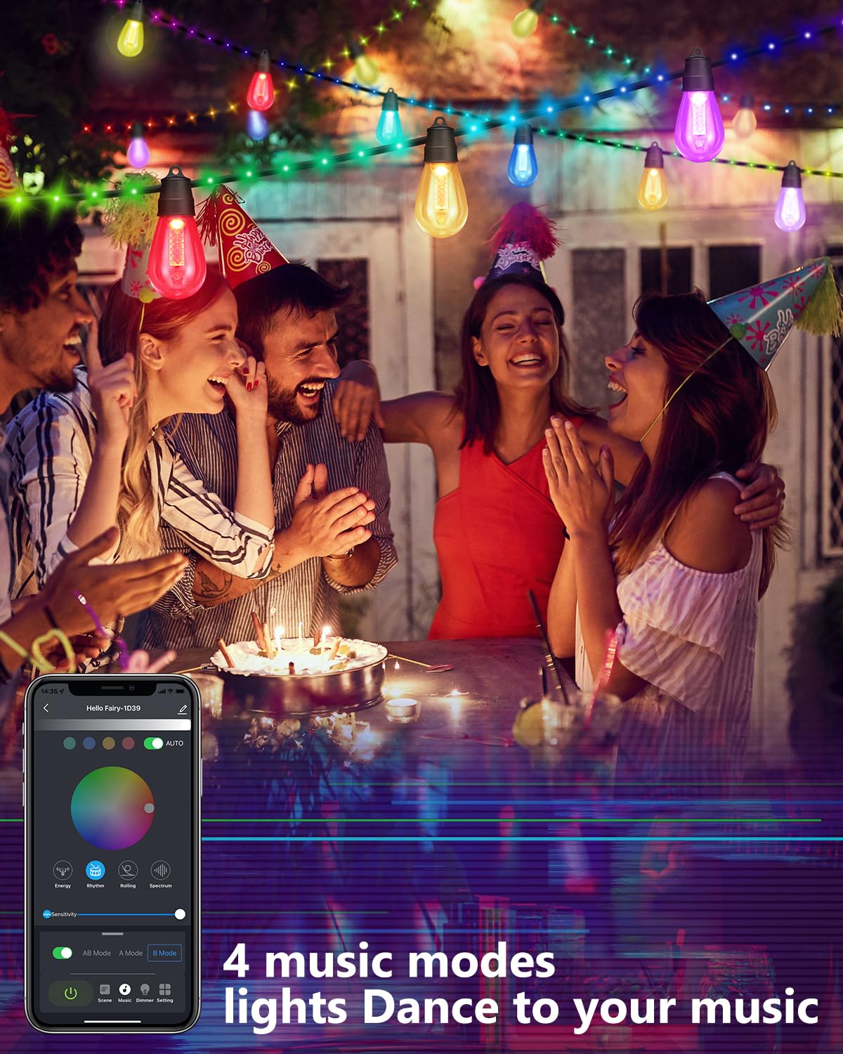 Flacchi Smart S14 Outdoor Patio Lights - 46ft Waterproof Bluetooth RGB & Warm White String Lights for Parties and Holidays