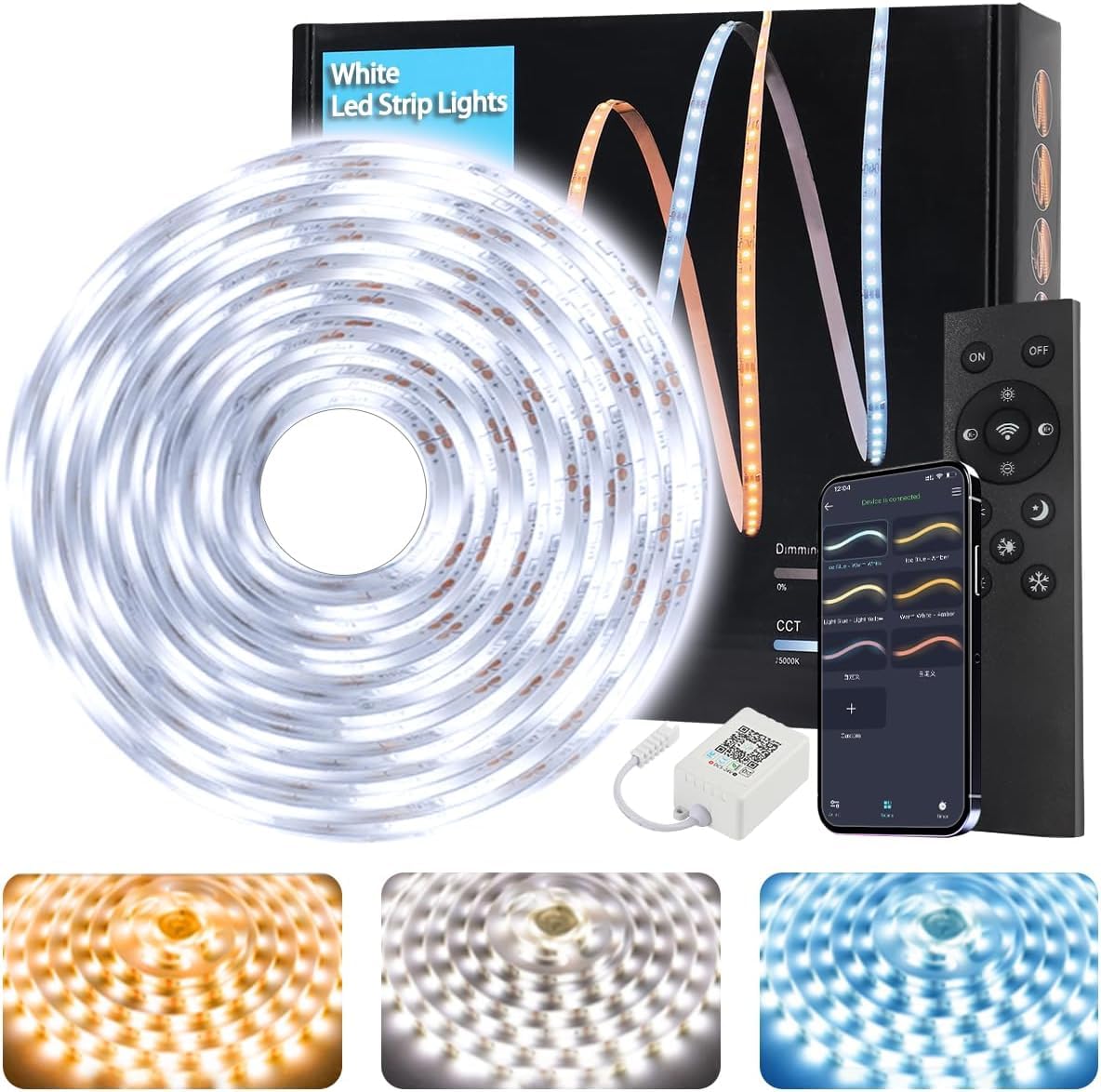 Tenmiro White LED Band Lights 32.8ft (1200 LEDs) Super Bright 25000K Daylight White  3Color Temperature Dimmable with Smart App & Remote Control for Bedroom Kitchen Commercial Home Lighting Decor