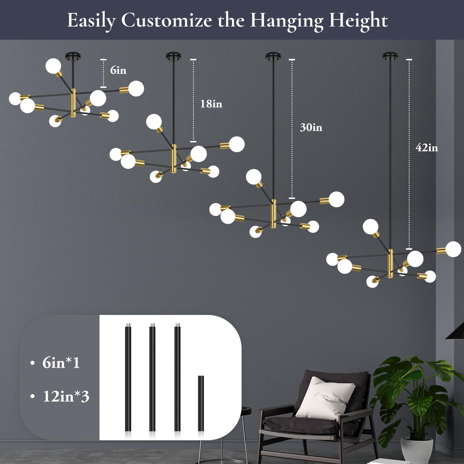 Beslowe 8-Light Modern Sputnik Chandelier, Mid Century Black & Gold Chandeliers Lighting, Farmhouse Ceiling Hanging Light Fixtur