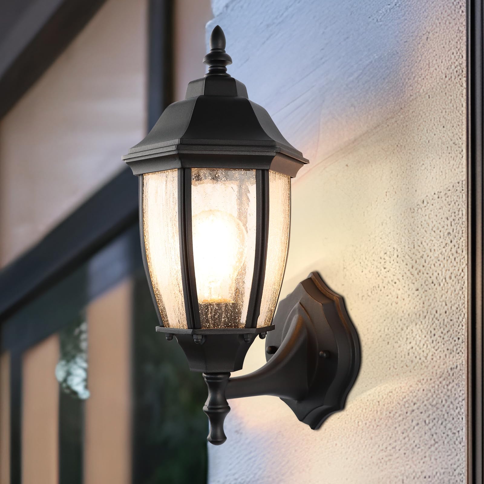Lprzsg Outdoor Wall Lantern - 14&quot; Black Waterproof Porch Light With Seed Glass Shade
