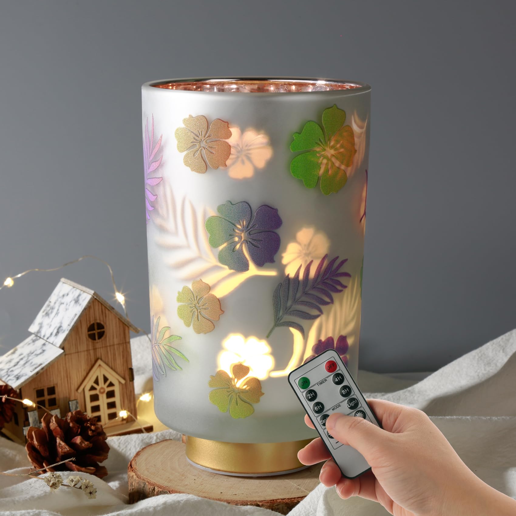 Eywamage 7'' Tall Battery Operated Table Lamp, Floral Glass Lamp with Remote Timer, Cordless Accent Lamp Lights for Bedroom Livi