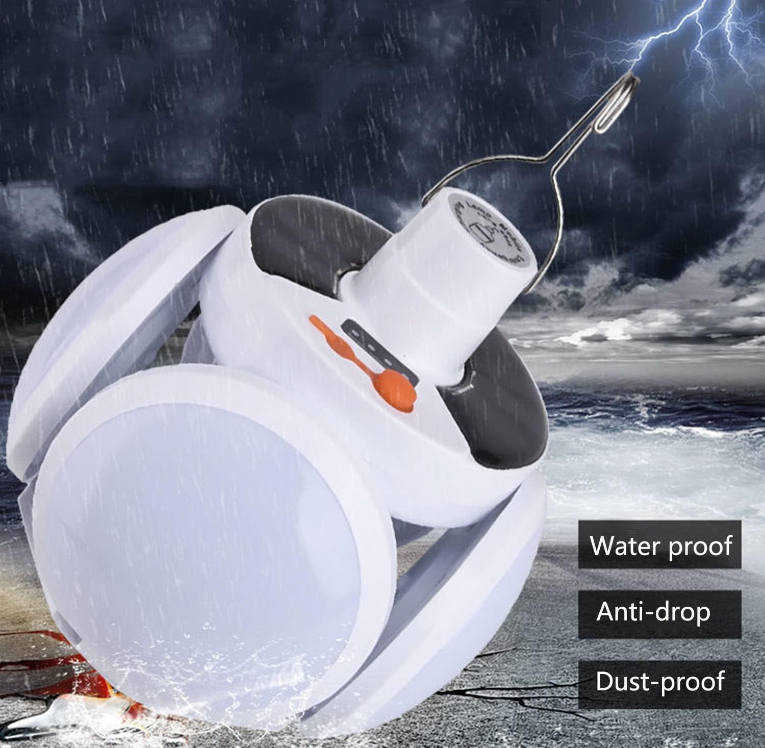 XLSBZ Rechargeable Camping Lantern - 1200 Lumens, IPX7 Waterproof, 1800mAh Battery, Solar/USB Charging, 5 Light Modes, White, Model LED-G