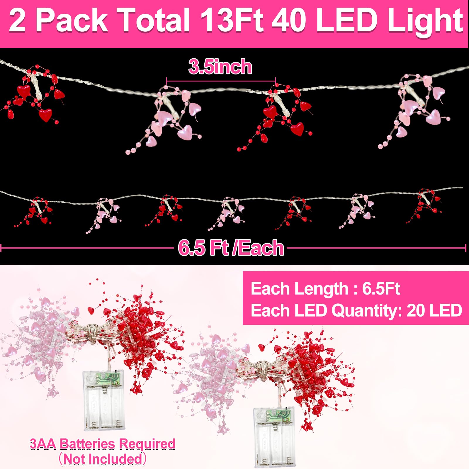 [Timer] 2 Pack Valentines Day Decorations Pink&Red Hearts Lights, Valentines Day Garland with Lights Total 13Ft 40LED Beads Hear