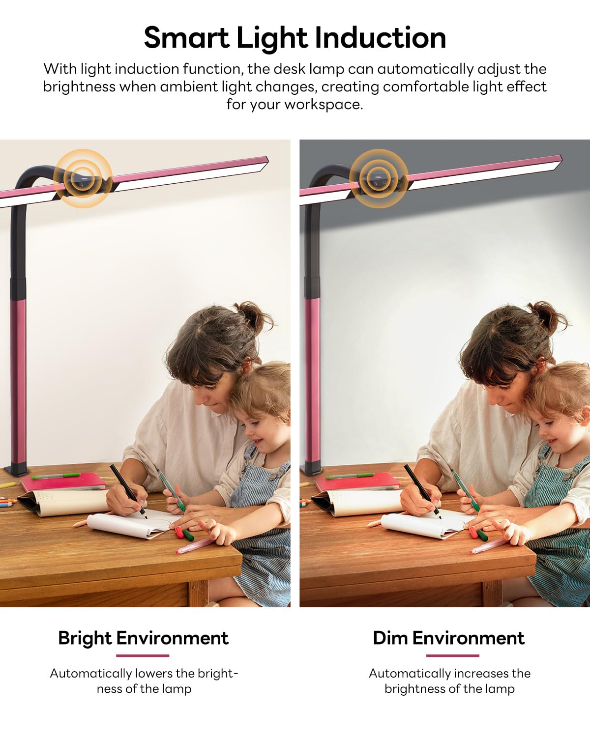 SUNLINKCO LED Desk Lamp - 24W Stepless Dimming, Eye-Caring, Red, Clamp, Remote Control, Flexible Gooseneck for Home Office & Study