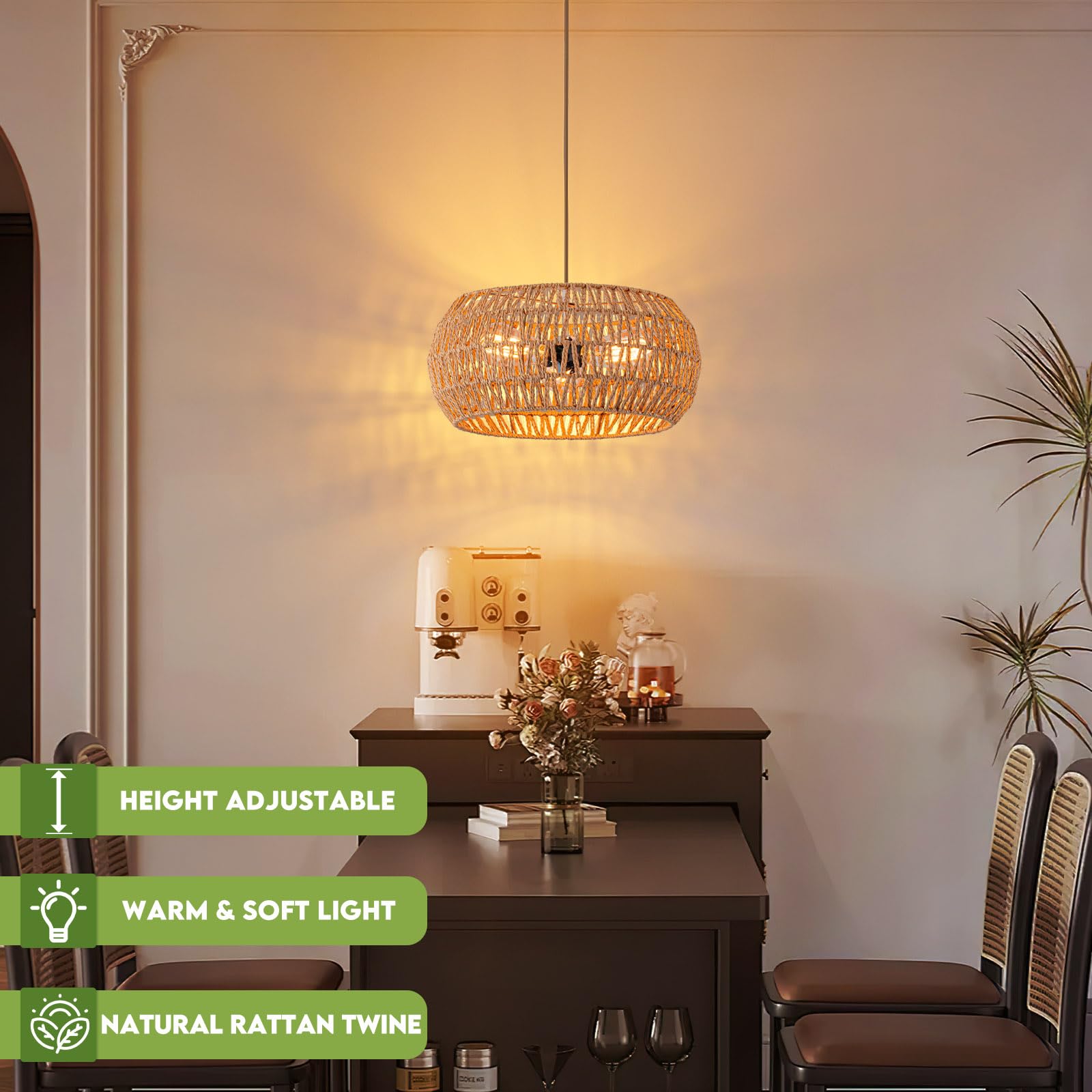 Rattan Light Fixture Dinning Room Pendant Light Boho Chandelier Hanging Light Ceiling Mount Hand Woven Lamp Shade 3-Light Drum C