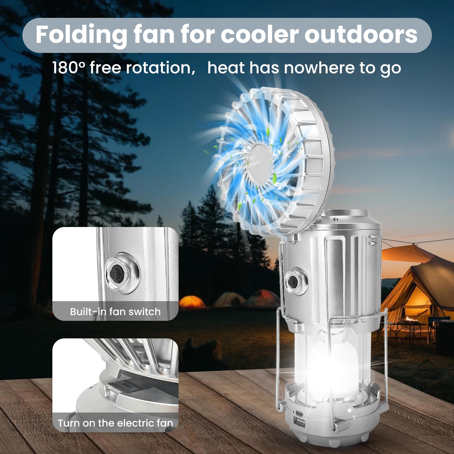 SZJIEIFR Solar Camping Lantern with Fan, USB Rechargeable, Battery Powered, Silver Gray, Model SFMD-002, Collapsible, 1 Pack